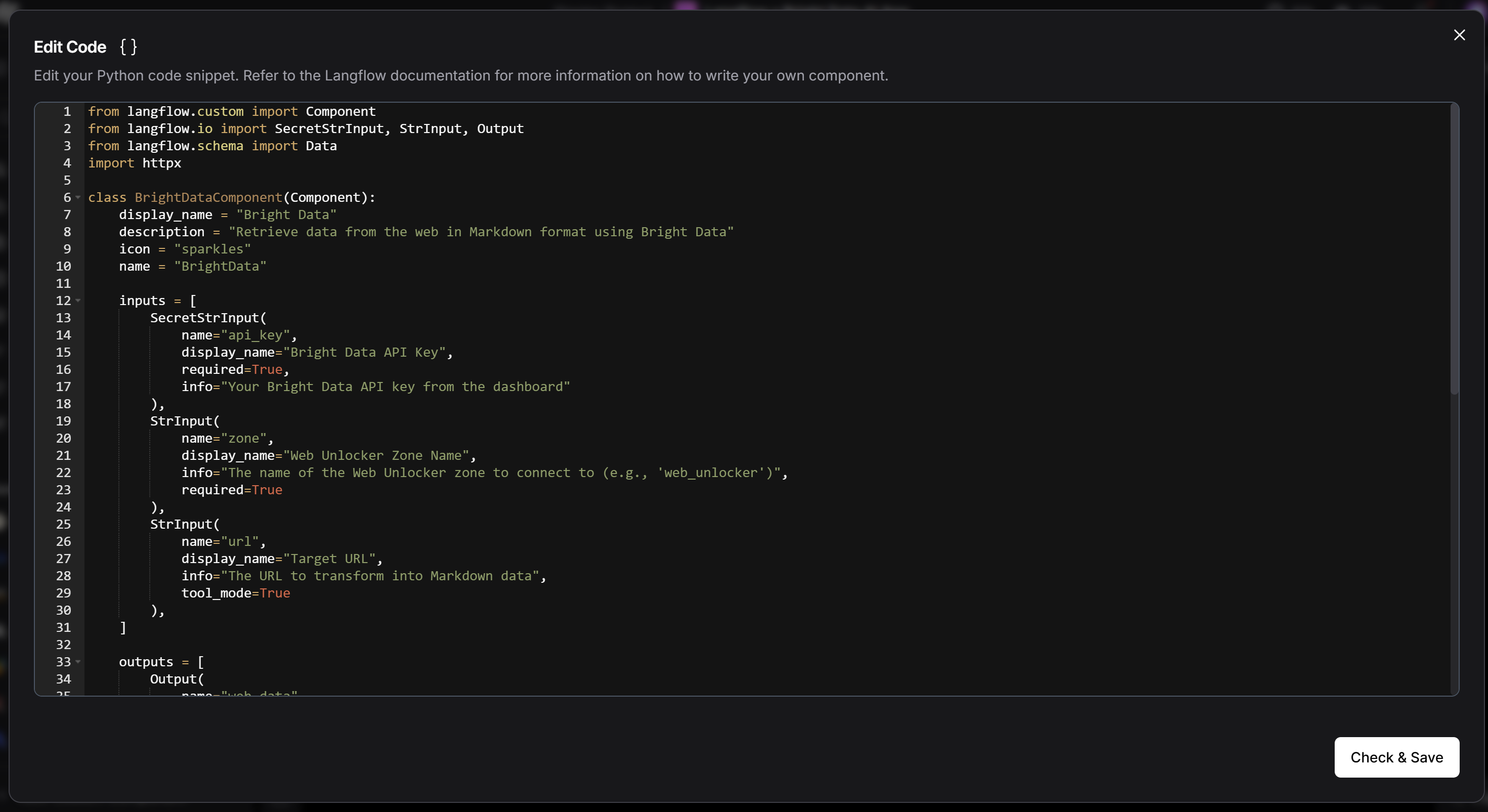 Colar o código do BrightDataComponent
