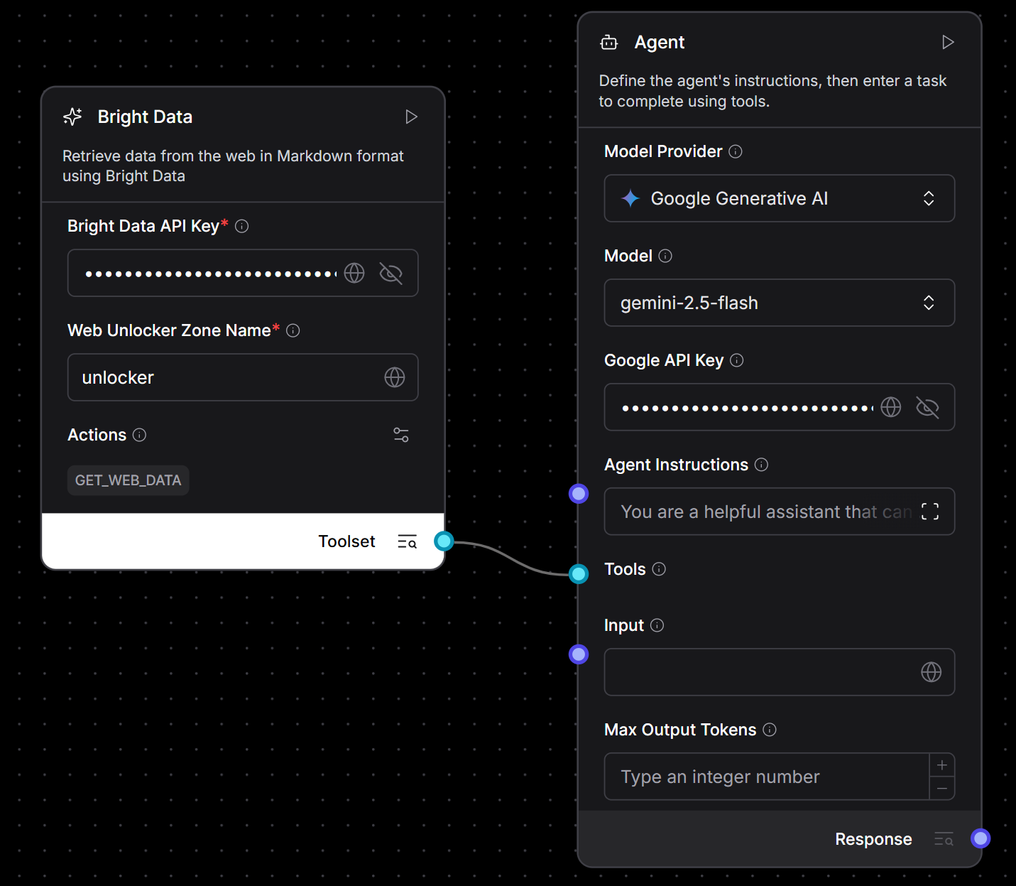 Conexão do componente Bright Data com o componente Agent