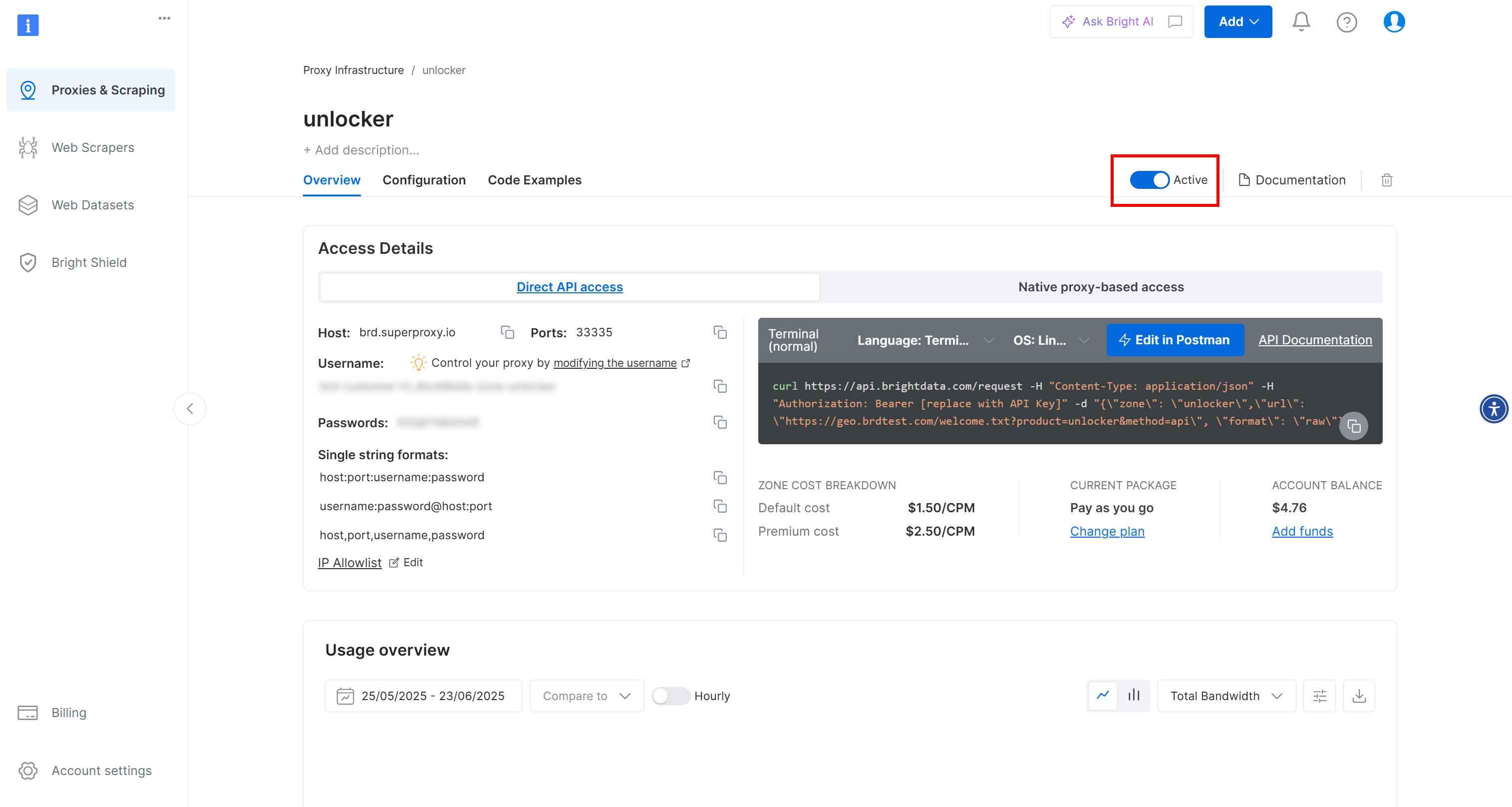 A página de zona da API do Web Unlocker "unlocker"