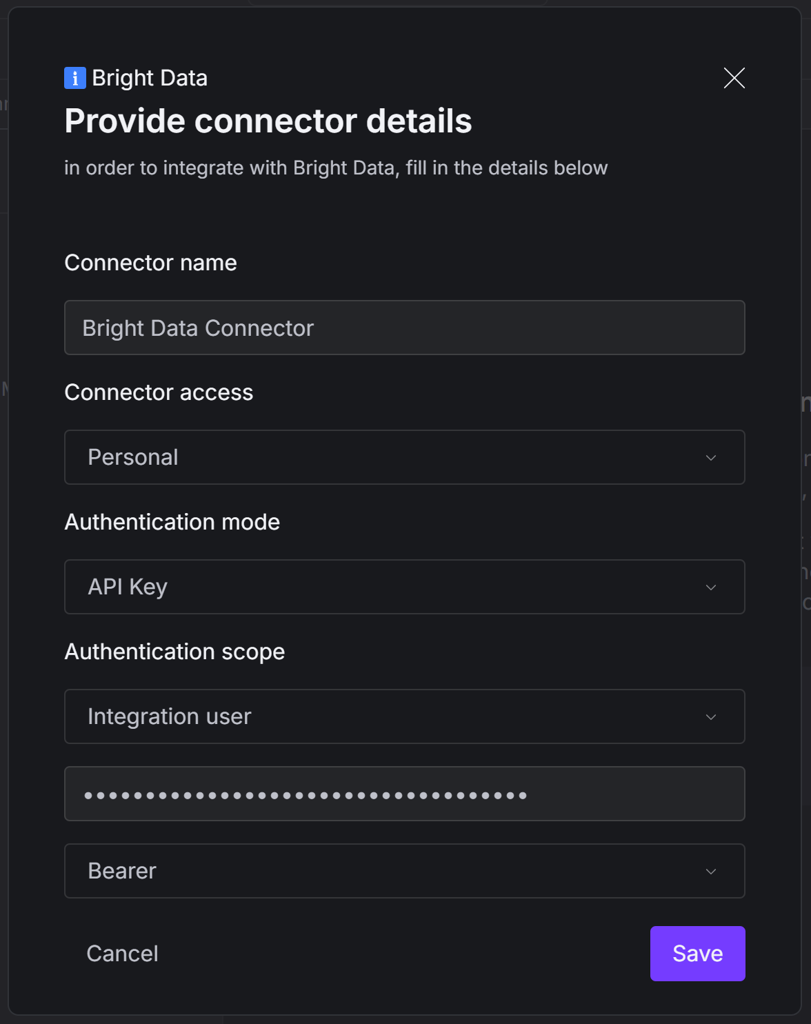 Preenchimento do formulário de configuração do conector Bright Data