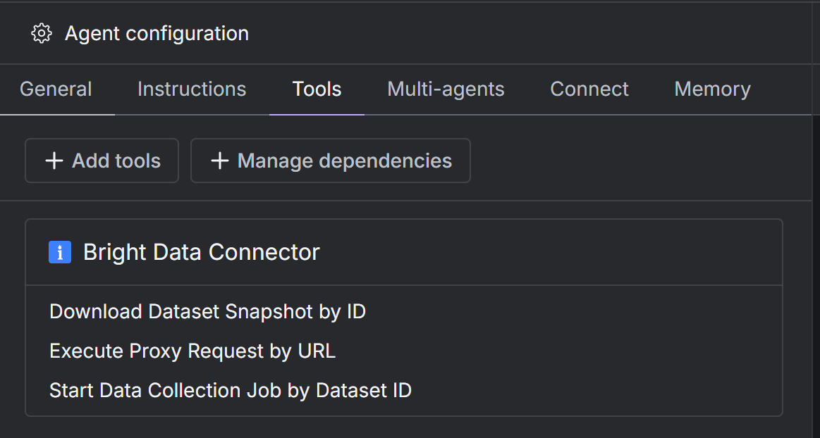 Observe as ferramentas configuradas do Bright Data