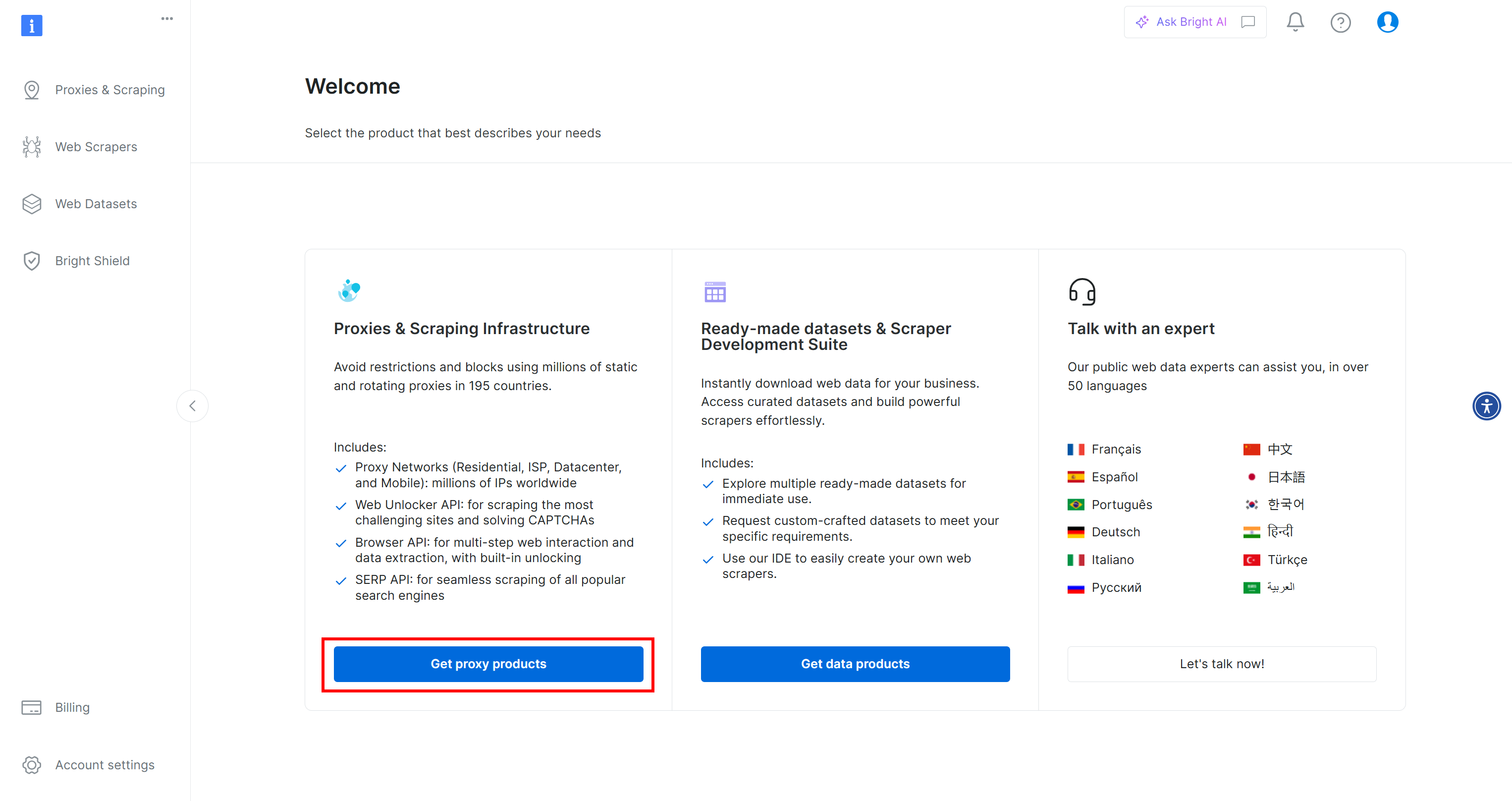 Clicar no botão "Obter produtos proxy" em sua conta da Bright Data