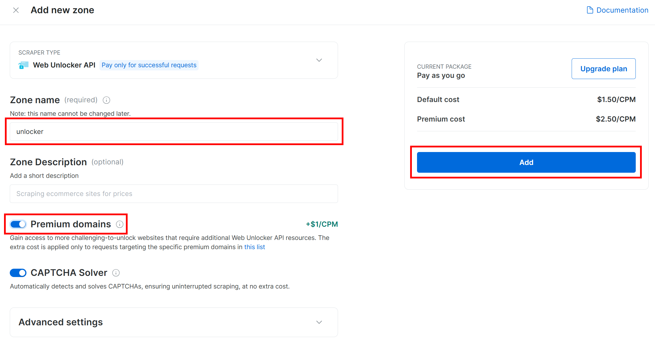 Configuração de sua nova zona de API do Web Unlocker