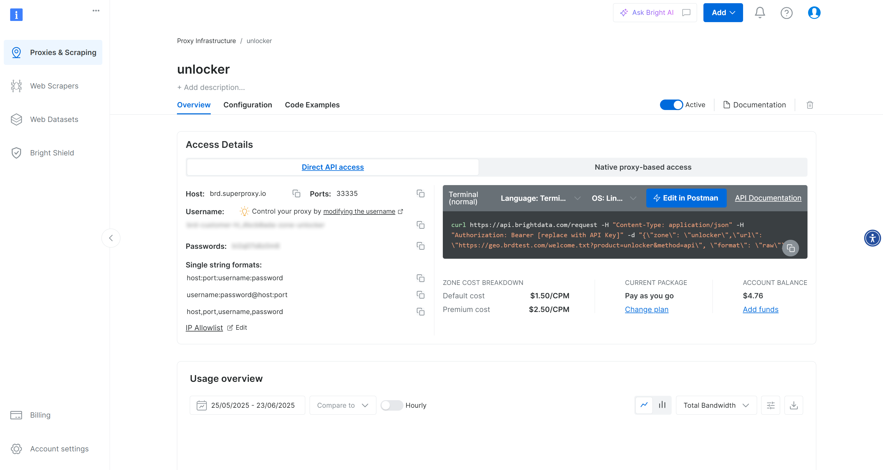 A página de zona da API do Web Unlocker "unlocker"