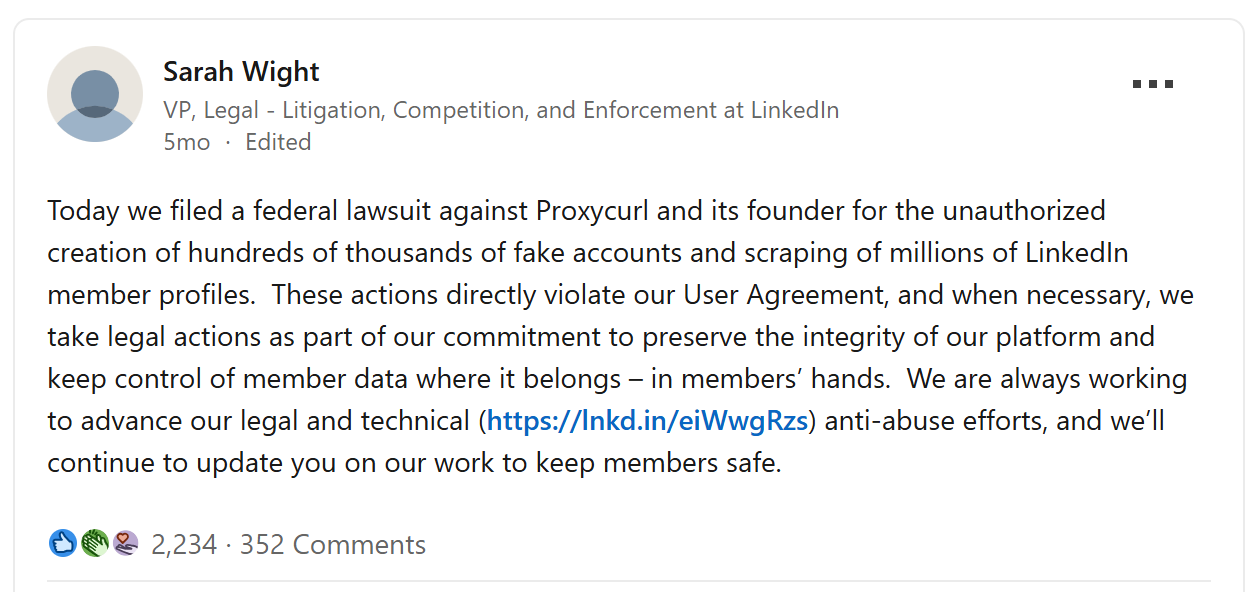 Postagem de Sarah Wight no LinkedIn