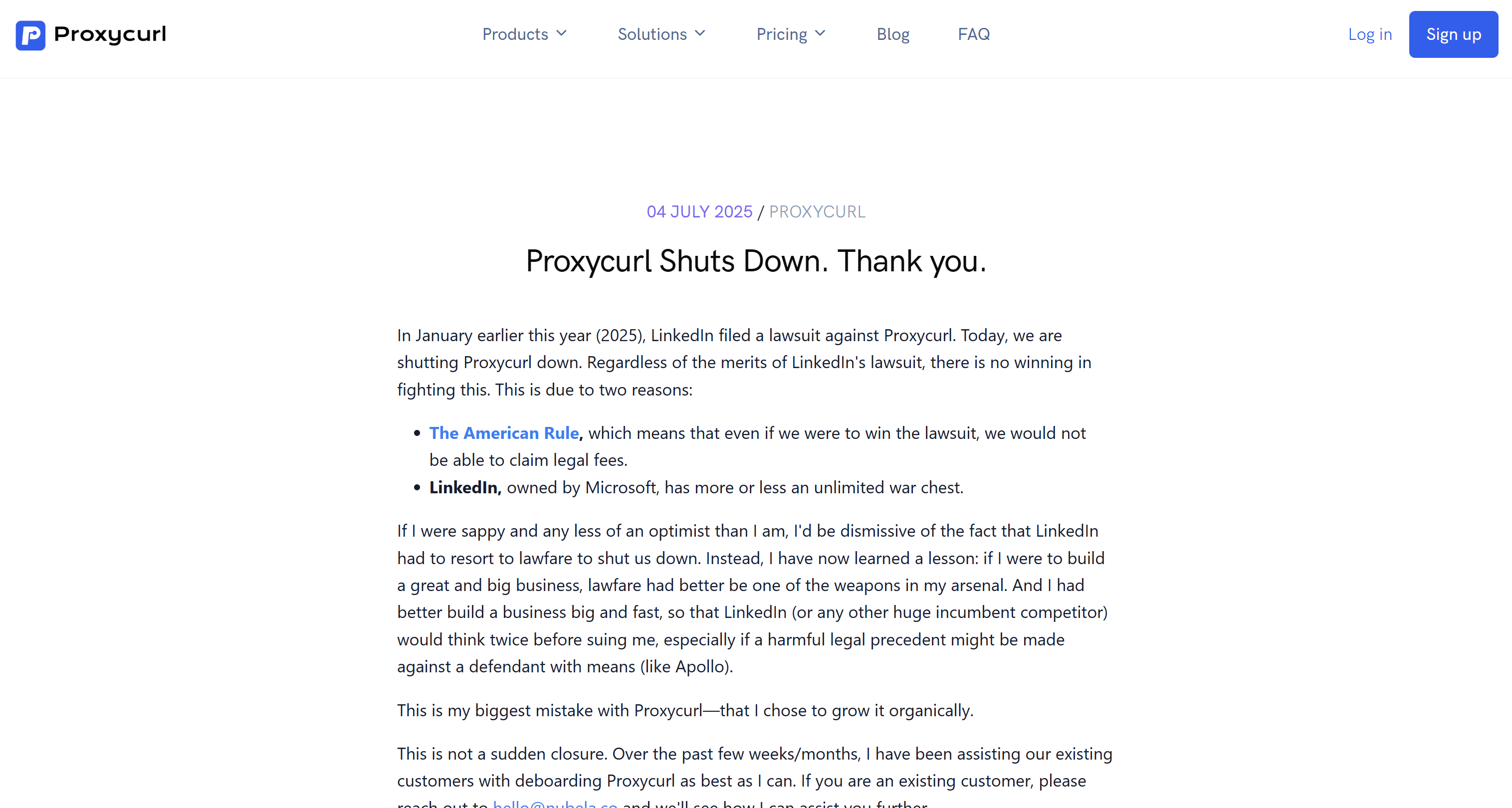 Anúncio da Proxycurl de que estava fechando as portas