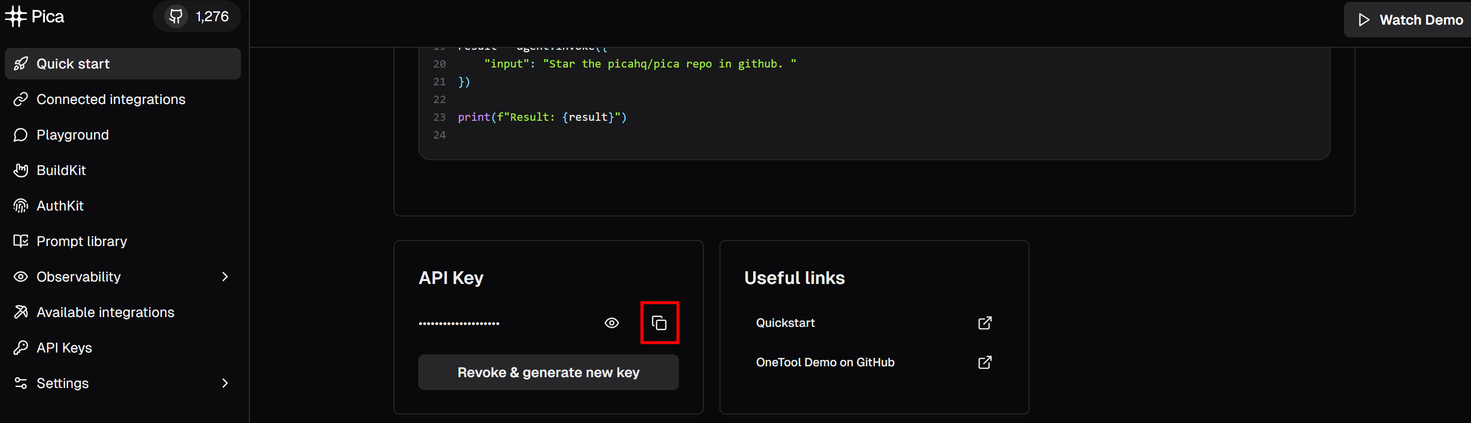 Clicar no botão "Copy to clipboard" (Copiar para a área de transferência) na seção "API Key" (Chave de API)