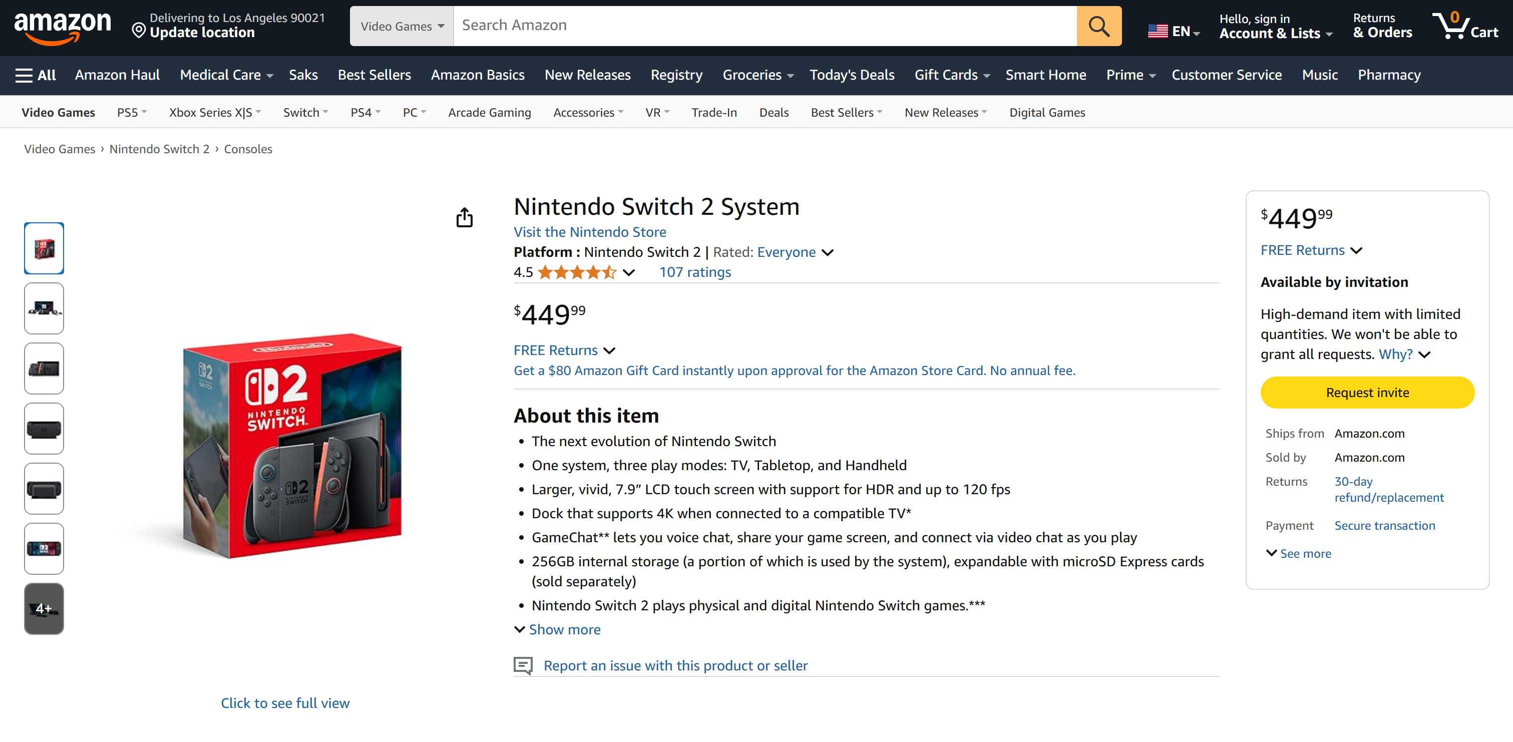 A página de destino do Nintendo Switch 2 na Amazon