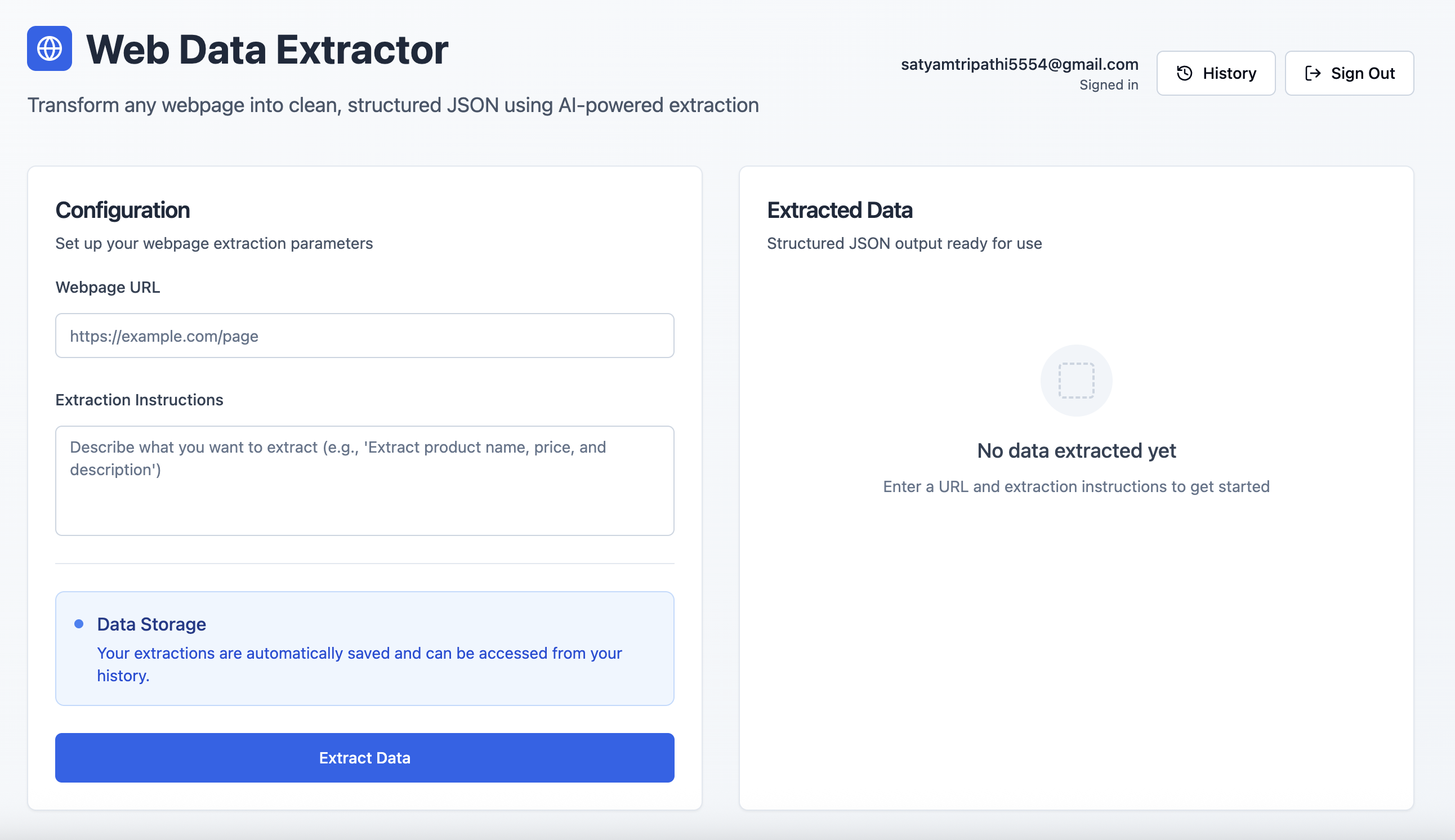 Painel principal do extrator de dados da Web