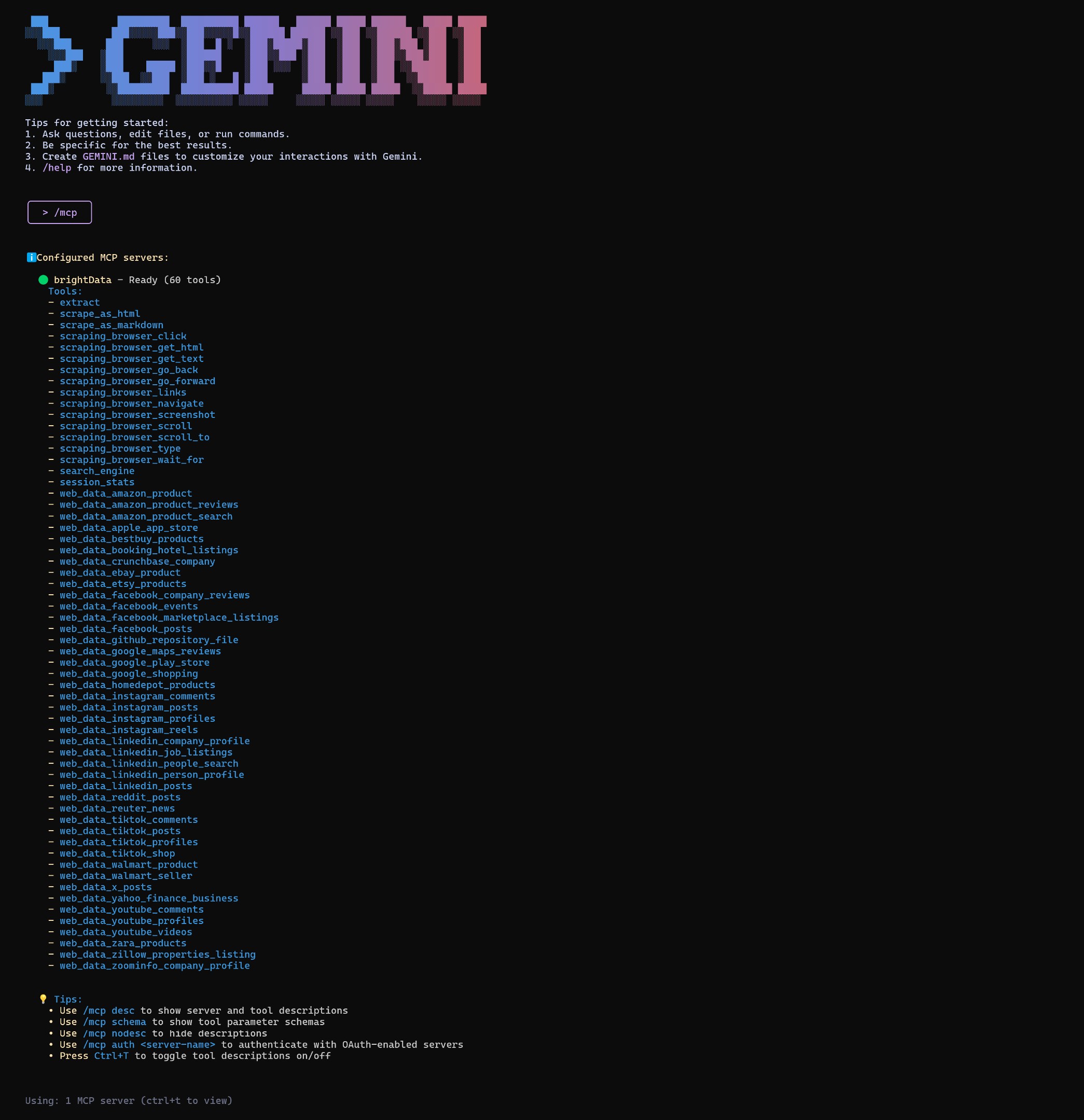 A integração do servidor Web MCP da Bright Data na CLI do Gemini