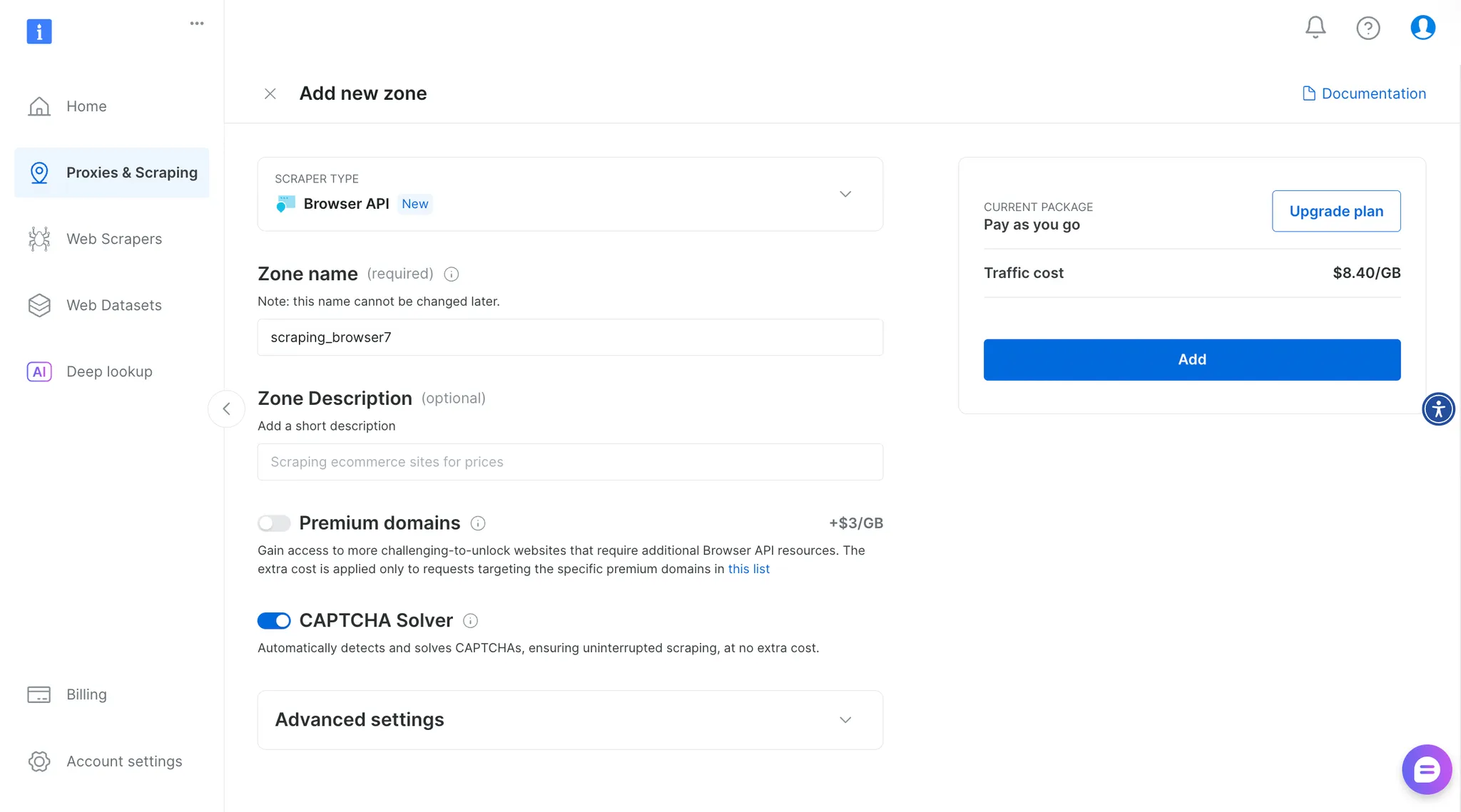 Adição de uma nova zona de API do navegador na plataforma da Bright Data