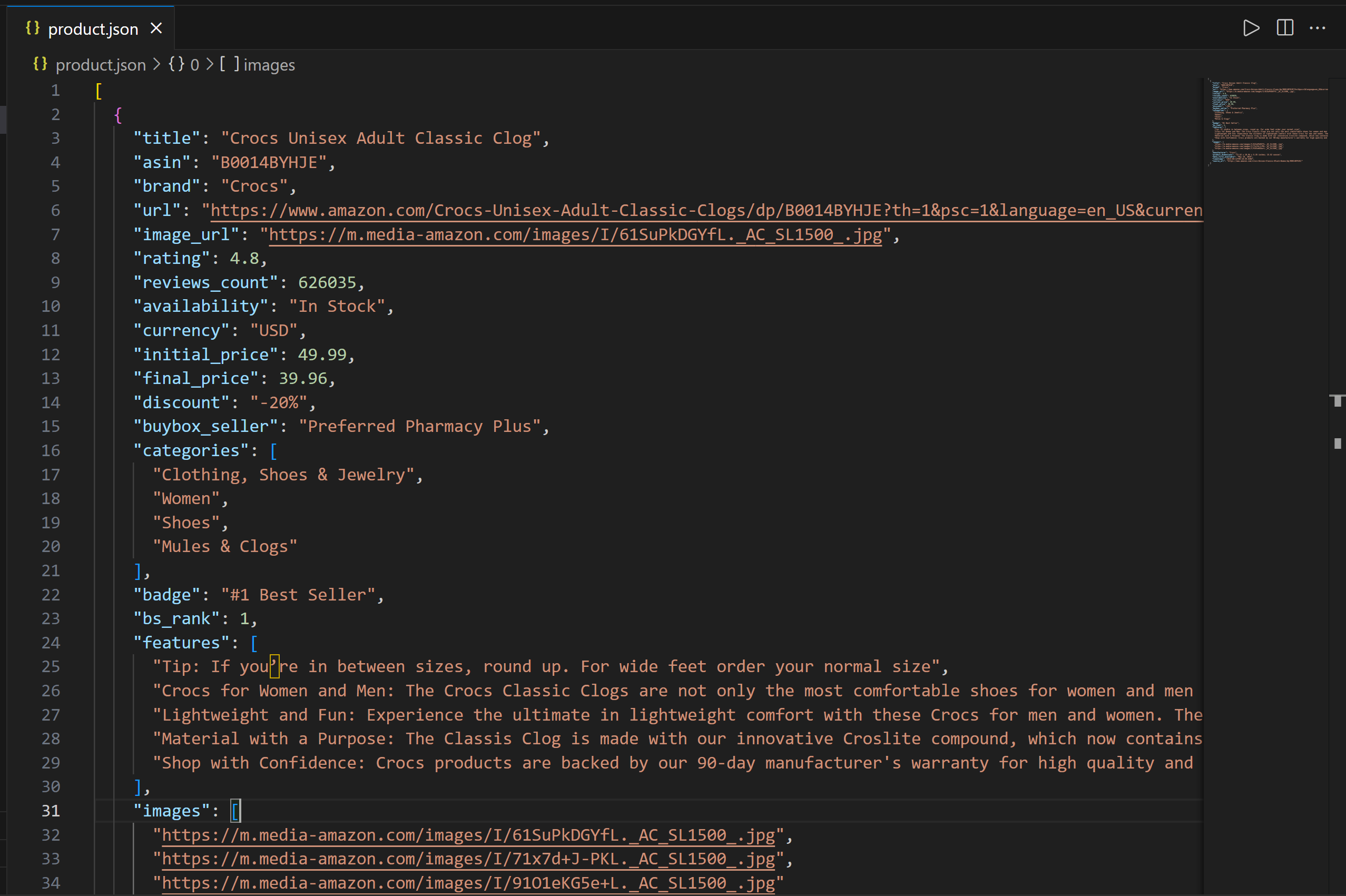 O arquivo product.json no código VS
