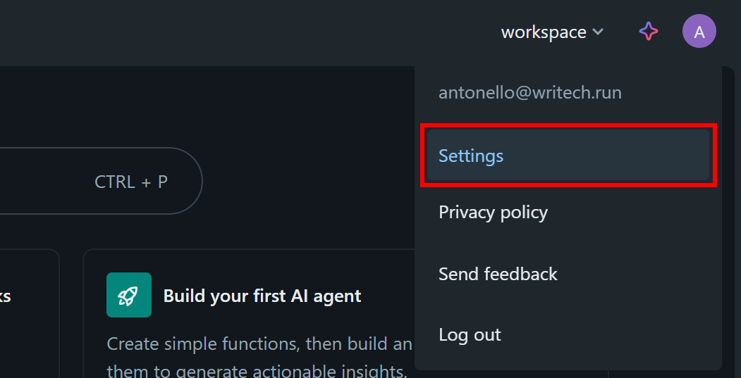 Selecting the “Settings” option