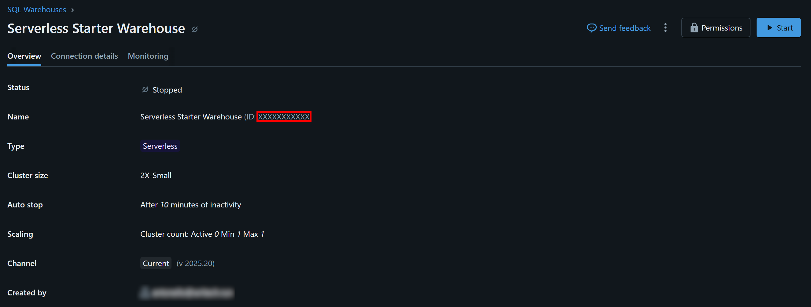 The “Overview” tab of your selected Databricks warehouse