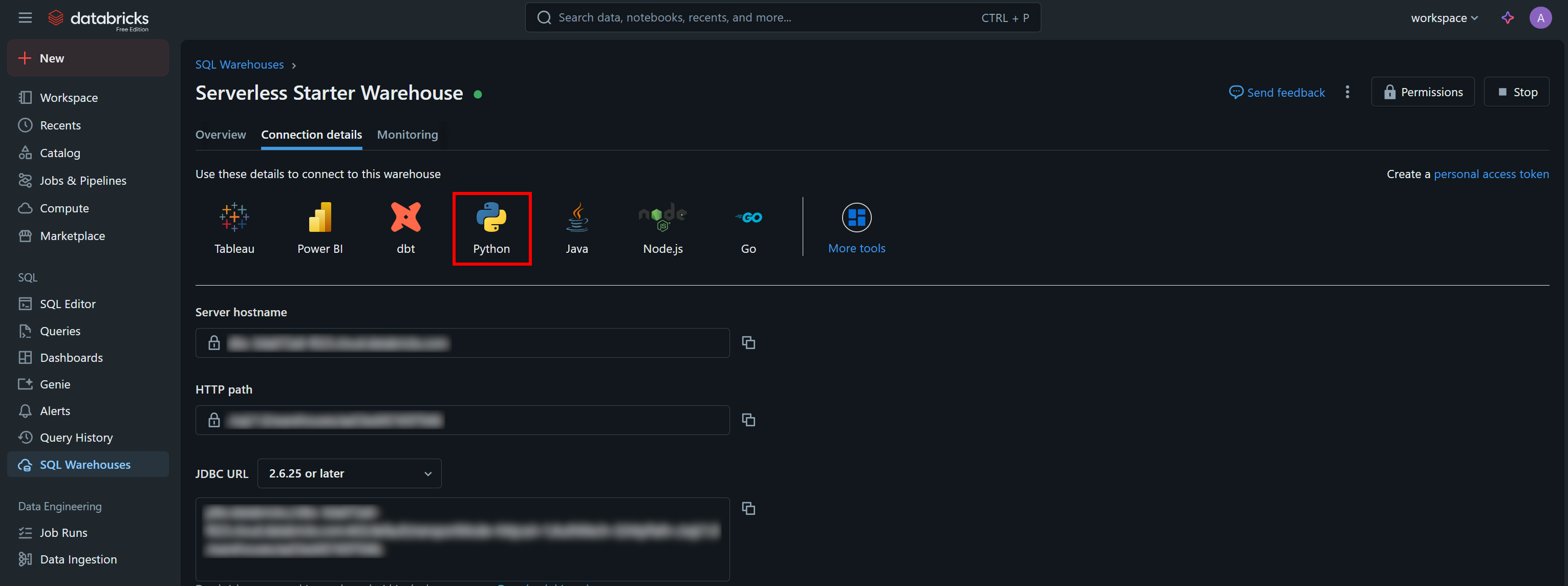 Clicking the Python button on the “Connection Details” of your warehouse
