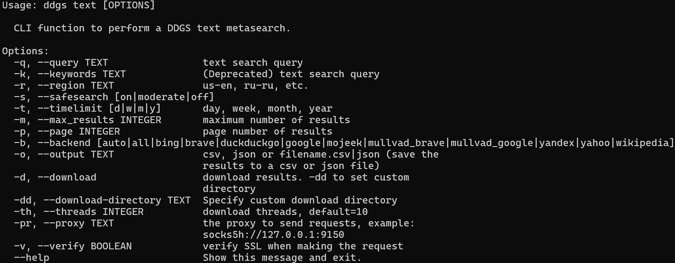The result of the text --help command