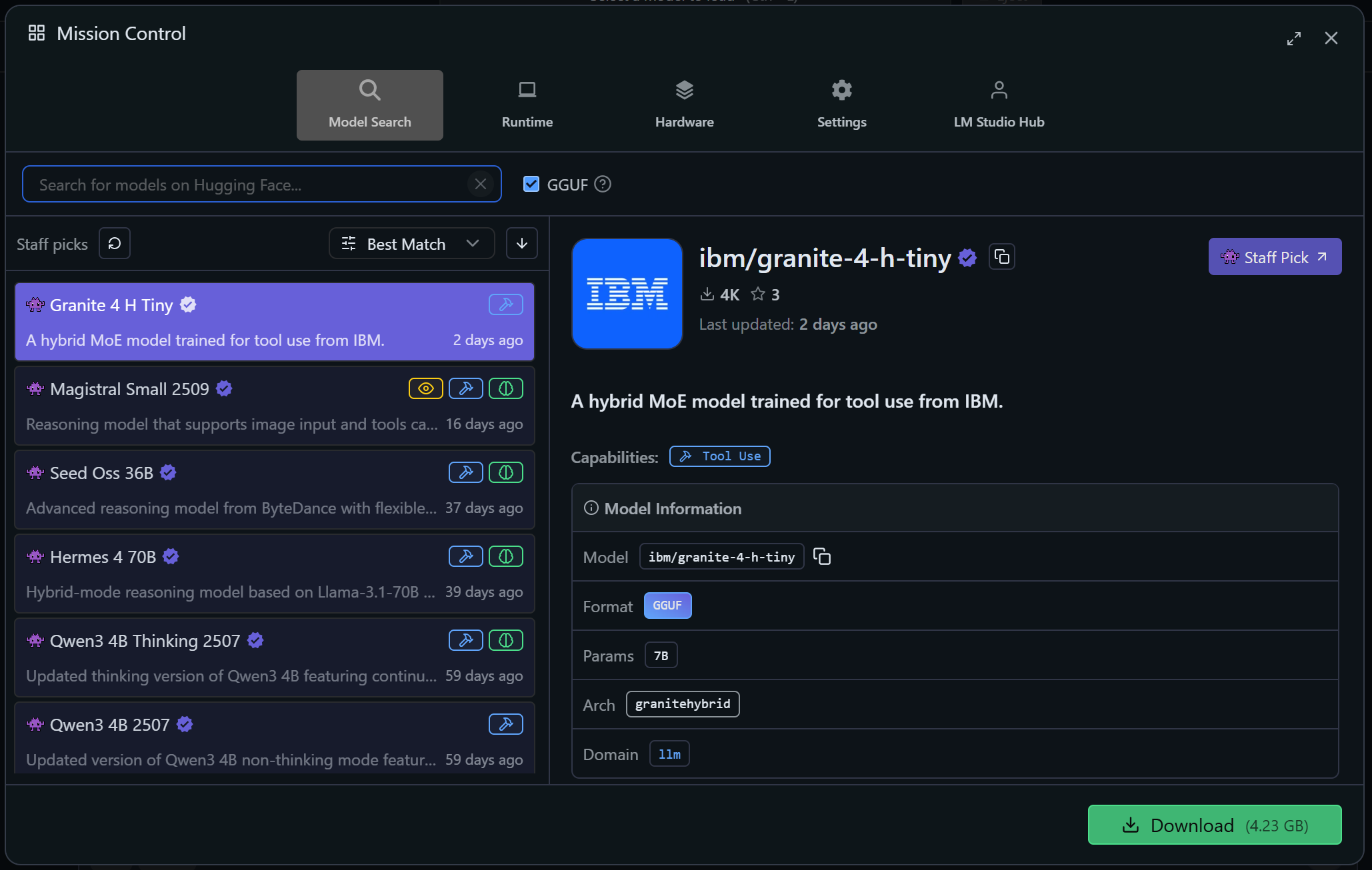 The “Mission Control” modal for model search