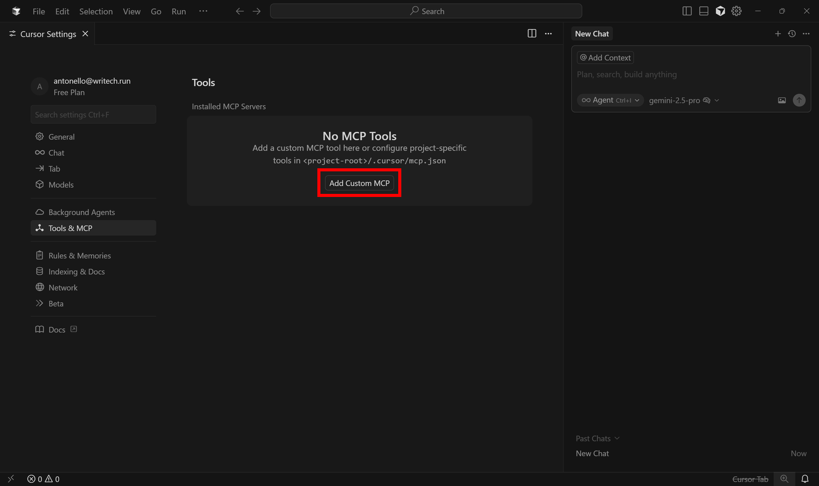 Pressing the “Add Custom MCP” button