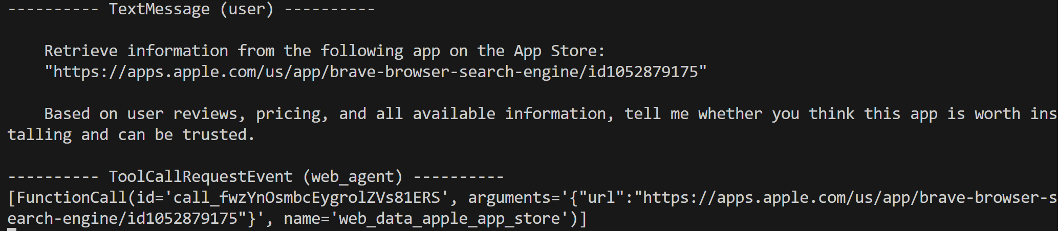 Note the tool execution from the agent