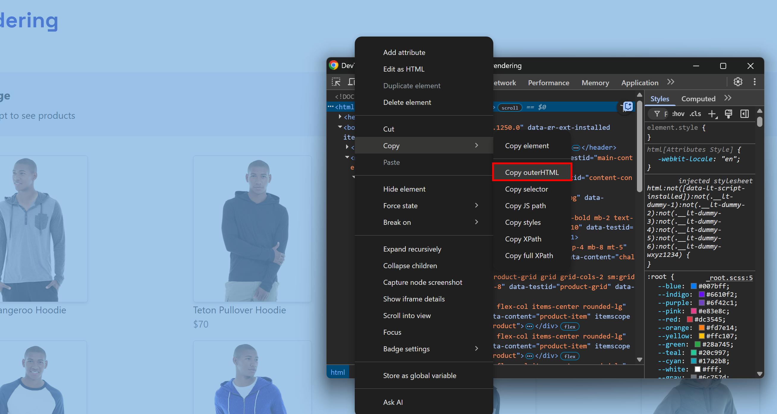 Copying the HTML in the DevTools after page rendering