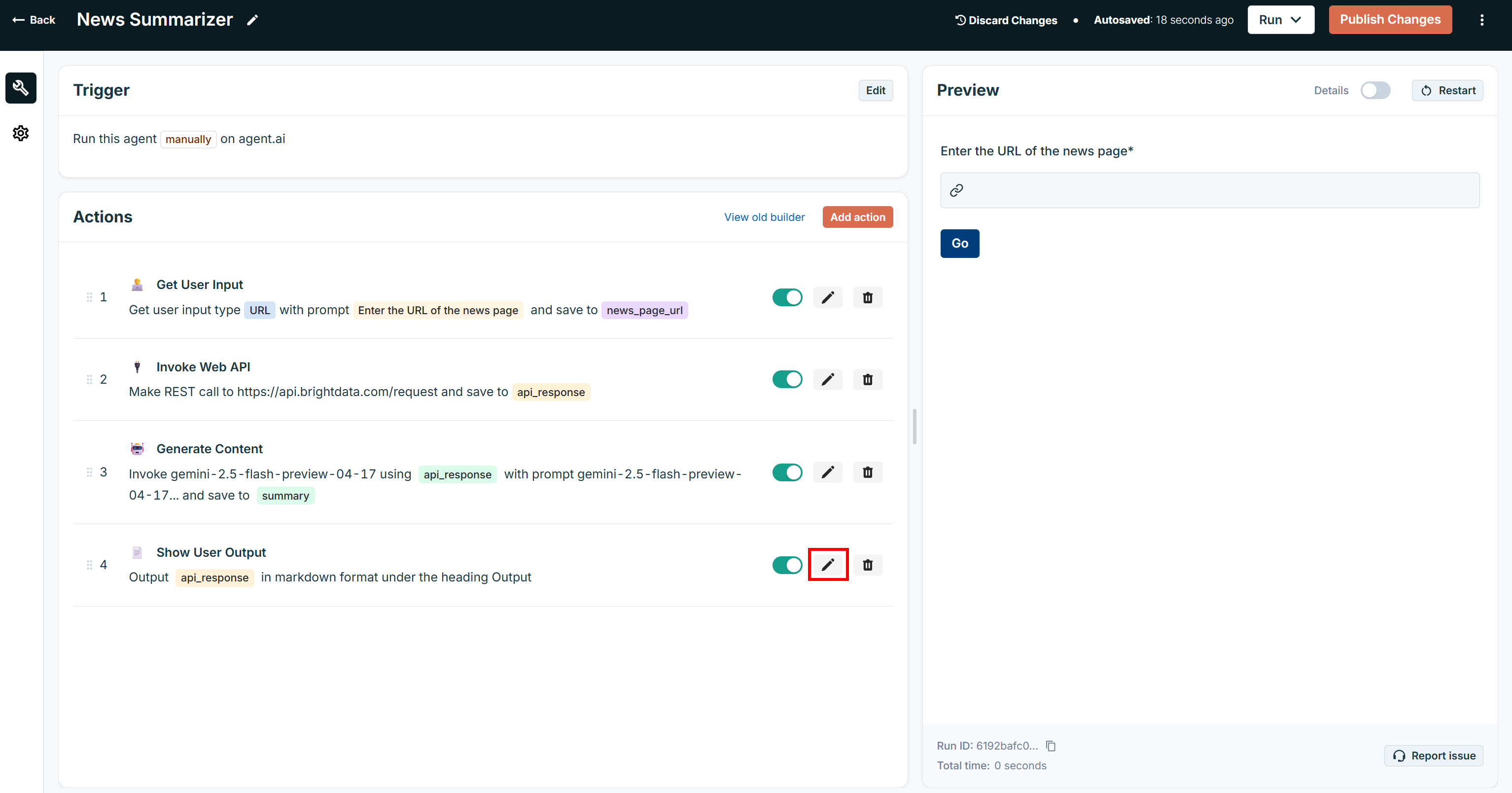 Editing the “Show User Output” action