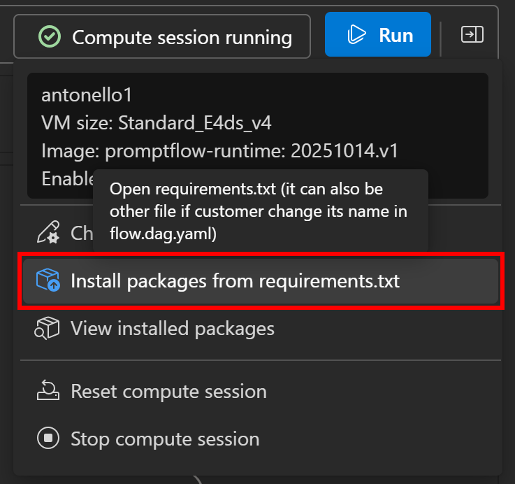 Select “Install packages from requirements.txt” option