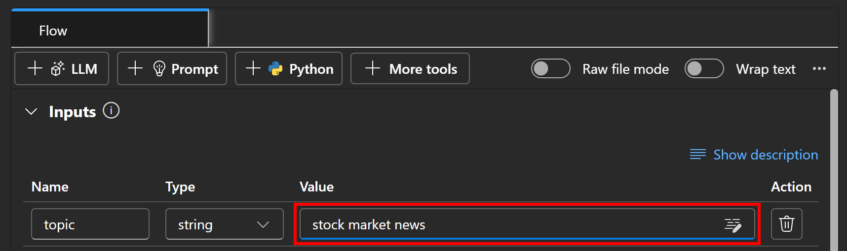 Setting “stock market news” as the flow input