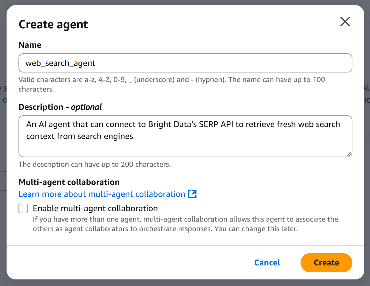 Filling out the “Create agent” modal