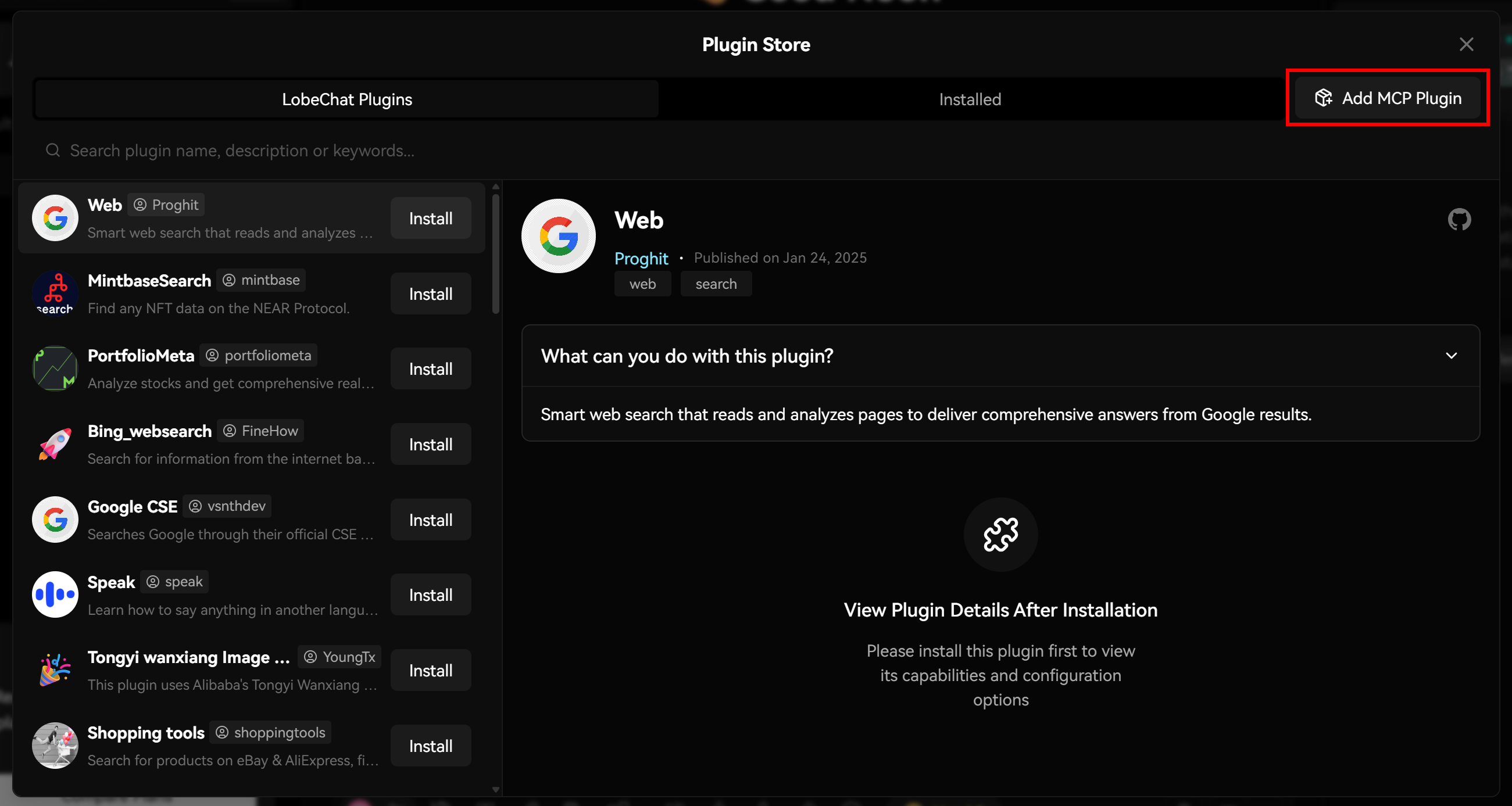 Clicking the “Add MCP Plugin” button