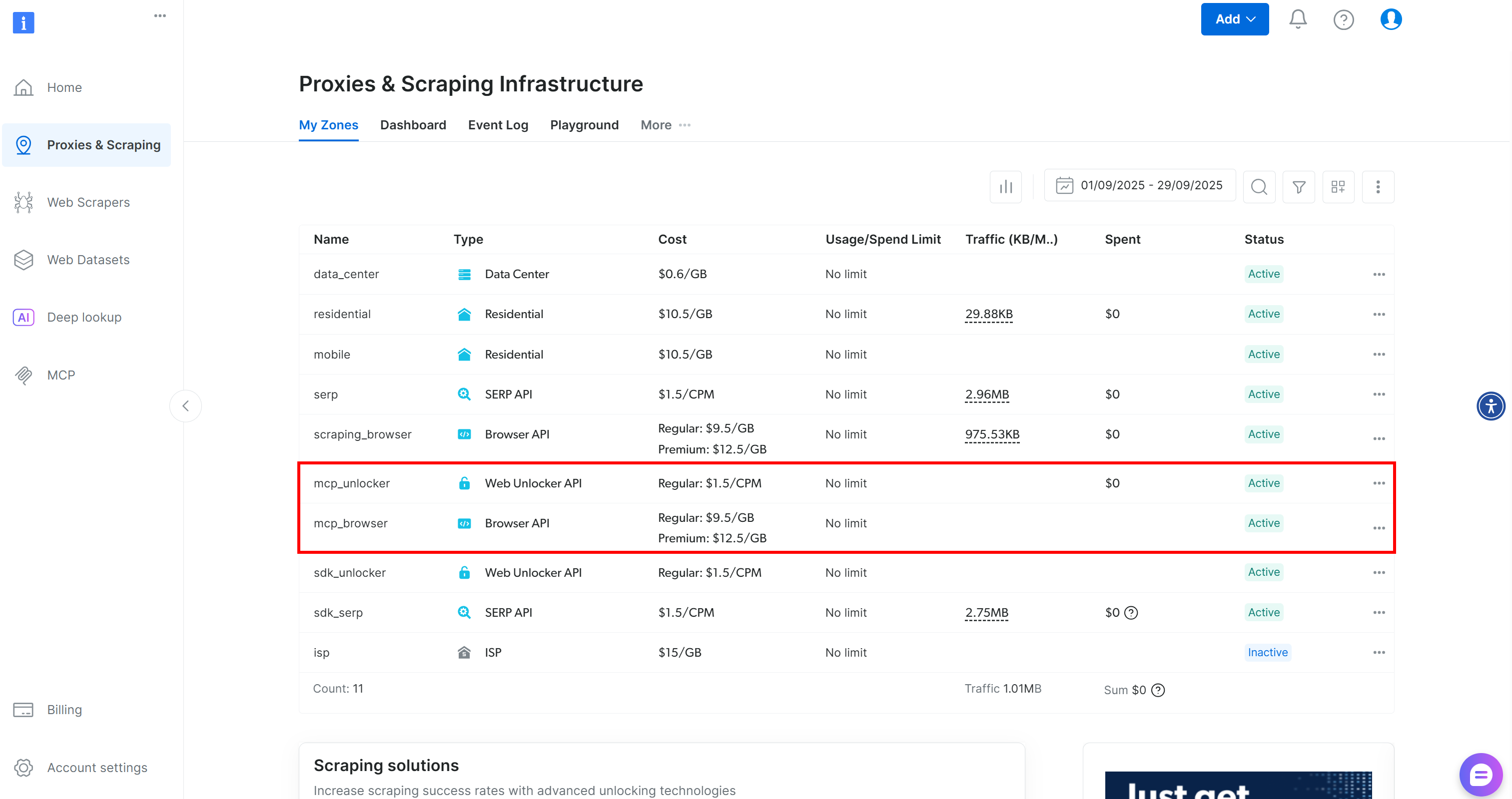 The Bright Data products automatically set up by Web MCP