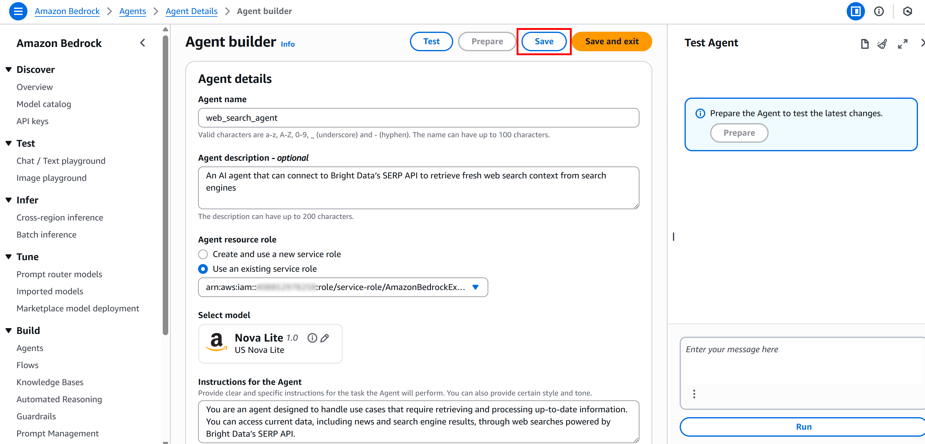 Saving the changes in your agent