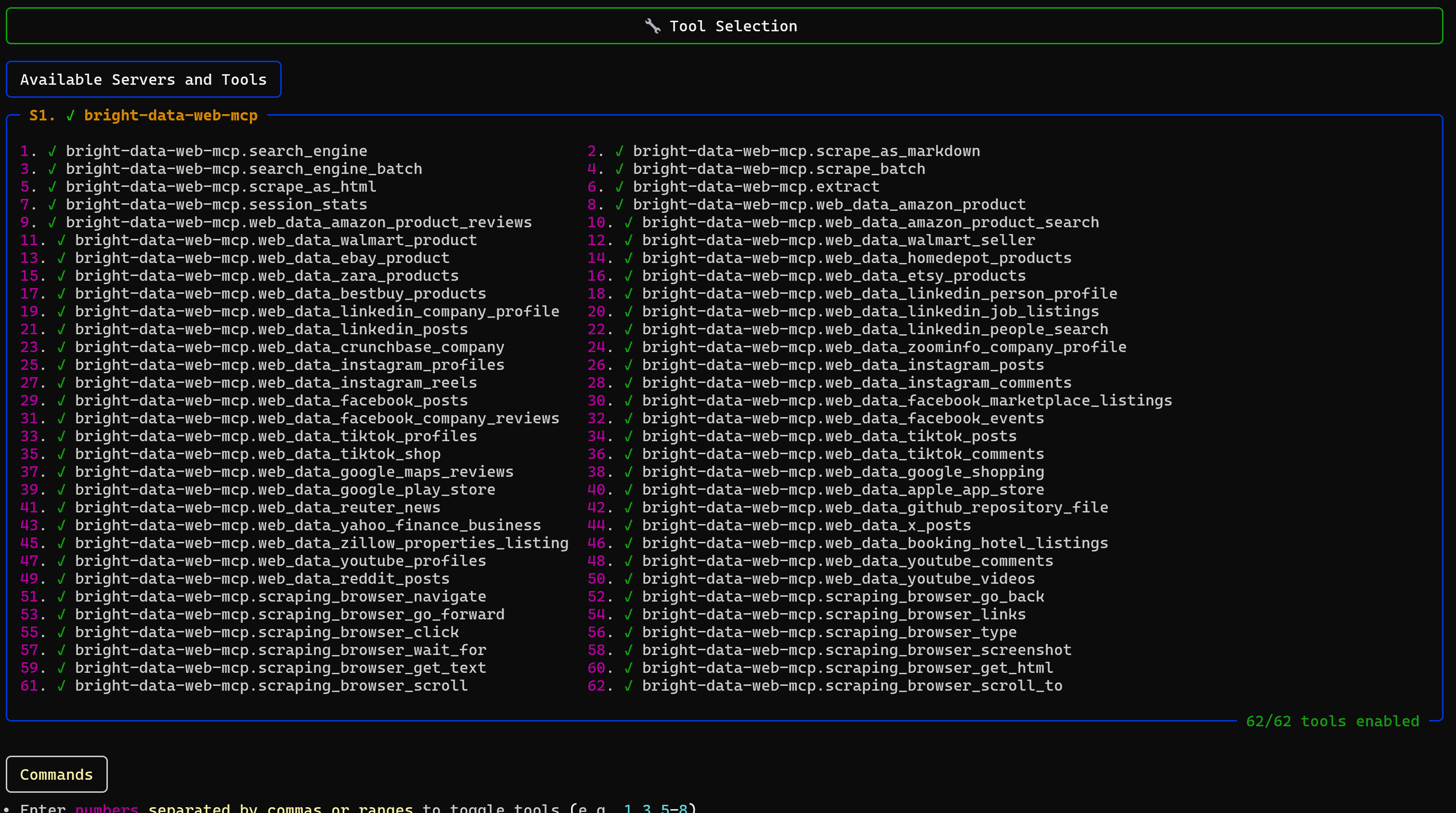 The Web MCP tools listed after the “tools” command