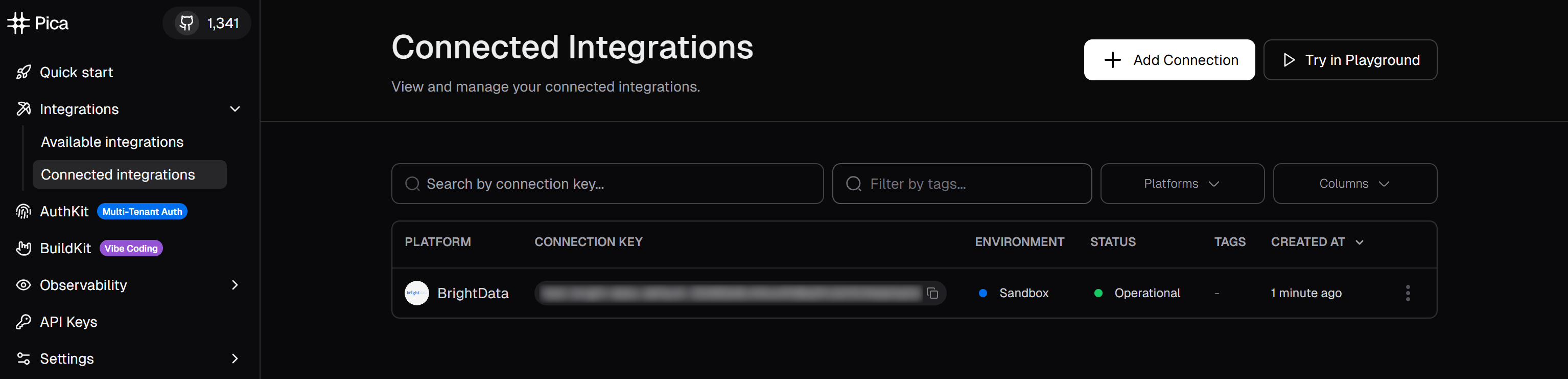 Note the Bright Data connected integration