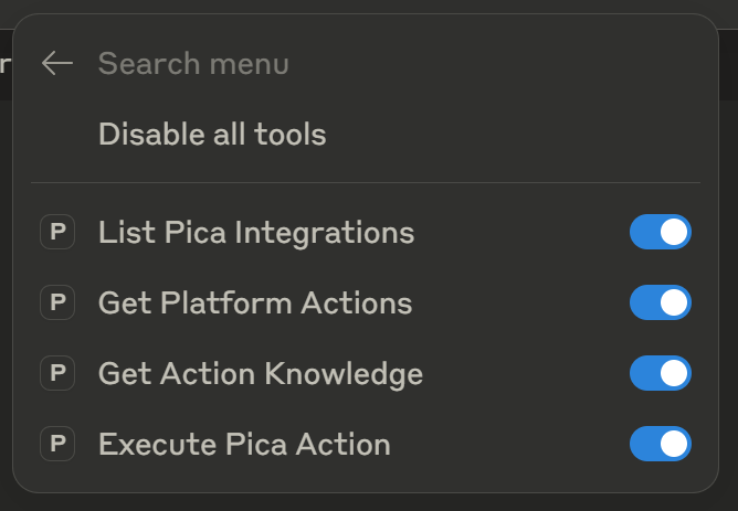 The tools exposed by the Pica MCP server