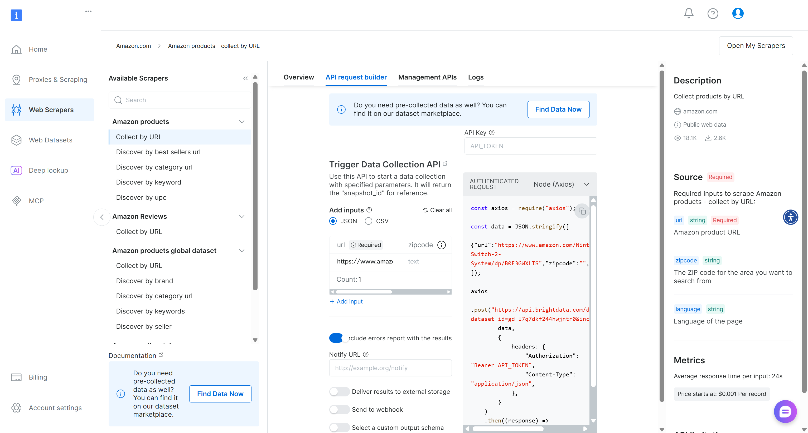 The “API Request Builder” section for the required scraper