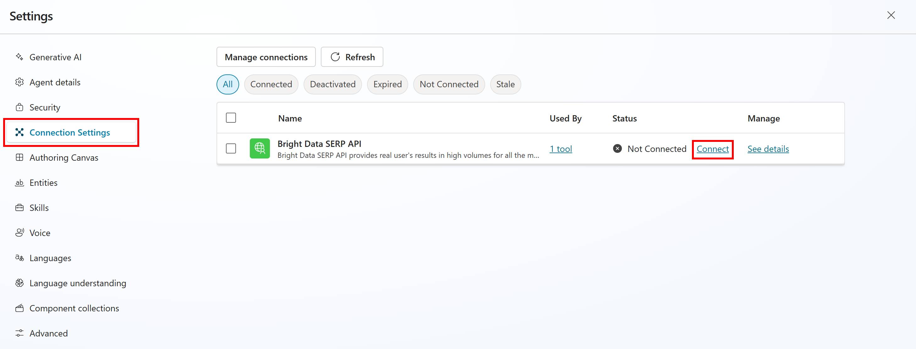 Pressing the “Connect” button