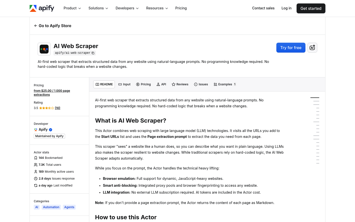 Captura de tela da página do Actor AI Web Scraper da Apify mostrando a ferramenta de scraping no-code orientada por linguagem natural na plataforma Apify.