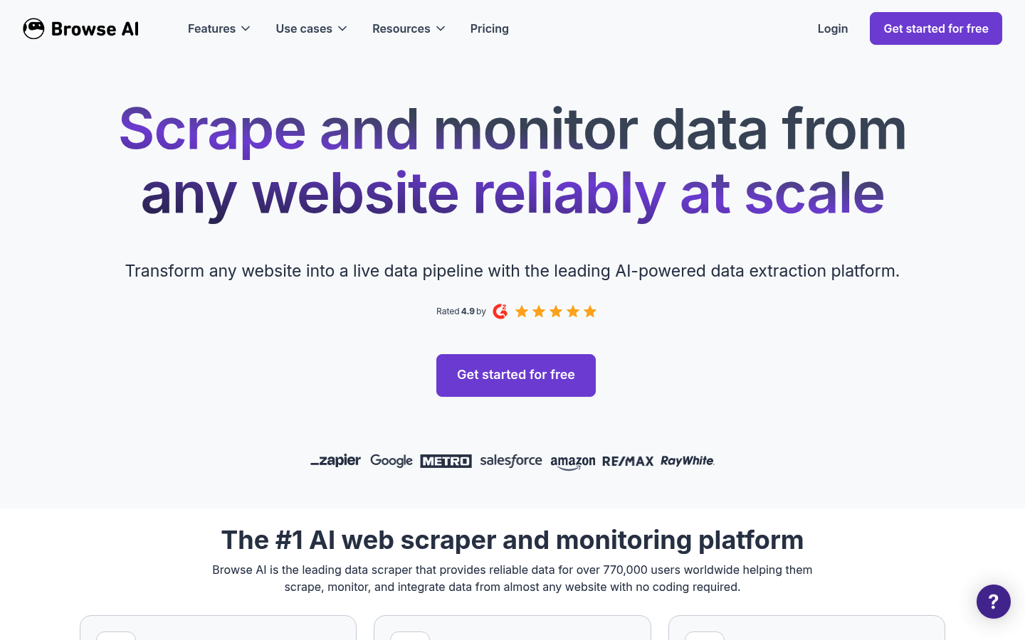 Captura de tela da página inicial da plataforma de scraping de dados no-code Browse AI mostrando sua interface visual e recursos de automação.