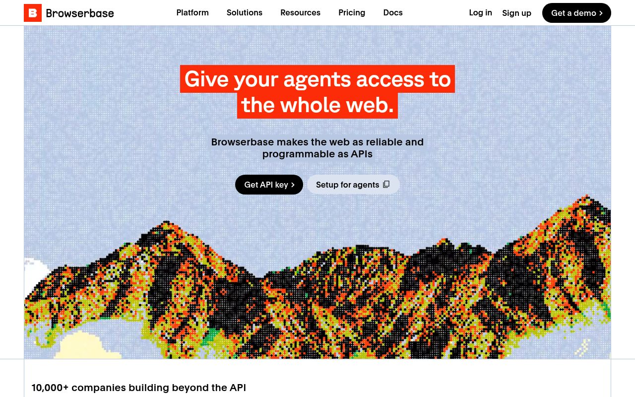 Captura de tela da página inicial da plataforma de navegador headless em nuvem Browserbase mostrando sua infraestrutura para agentes de IA e recursos de navegador stealth.