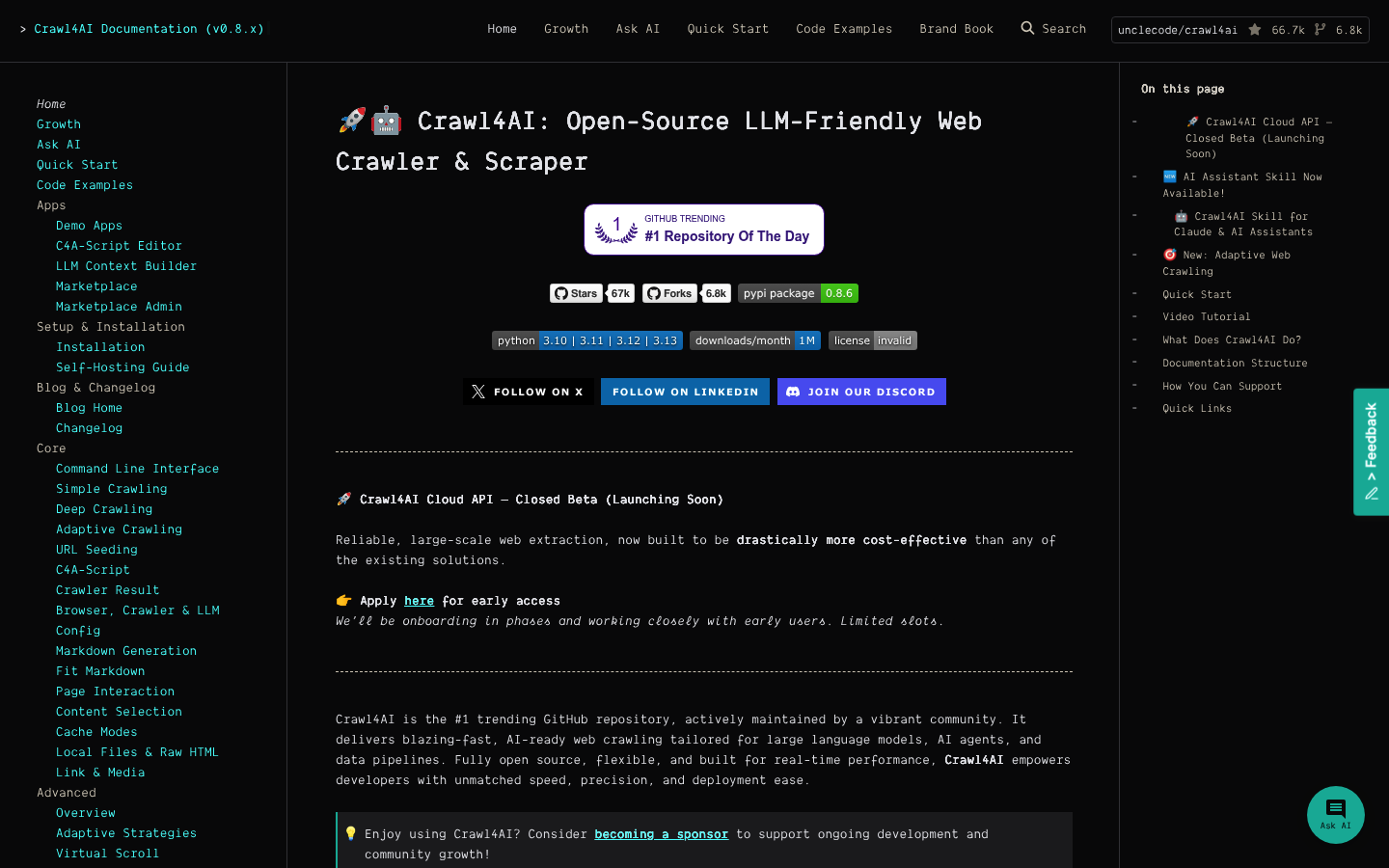Captura de tela da página inicial da biblioteca de scraping de dados open-source Crawl4AI mostrando sua documentação e principais recursos.