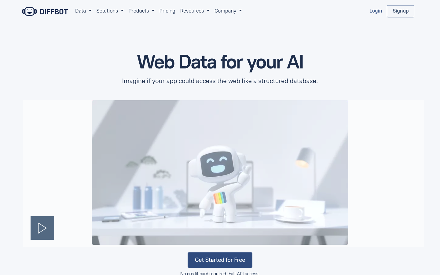 Captura de tela da página inicial do Diffbot mostrando sua plataforma de extração de dados web com IA e o produto Knowledge Graph.