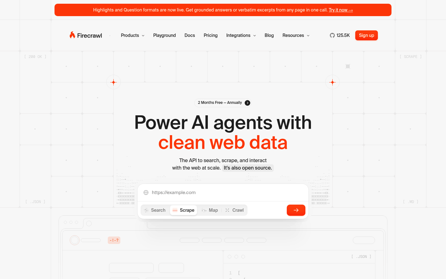 Captura de tela da página inicial do Firecrawl mostrando a plataforma de API de scraping de dados com IA focada em desenvolvedores com visão geral de preços e recursos.