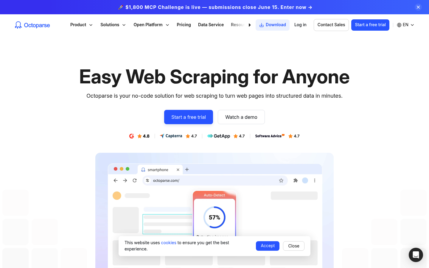 Captura de tela da página inicial da plataforma de scraping de dados no-code Octoparse mostrando sua interface visual e recursos de extração em nuvem.