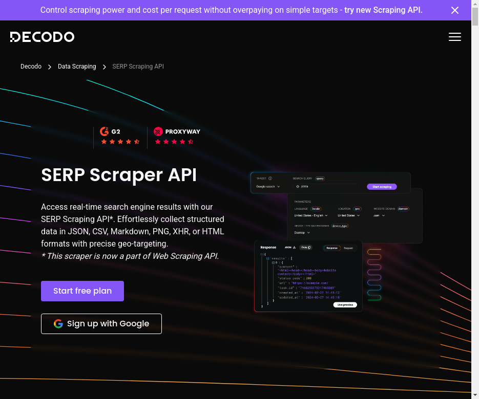 Página da API SERP Scraper da Decodo