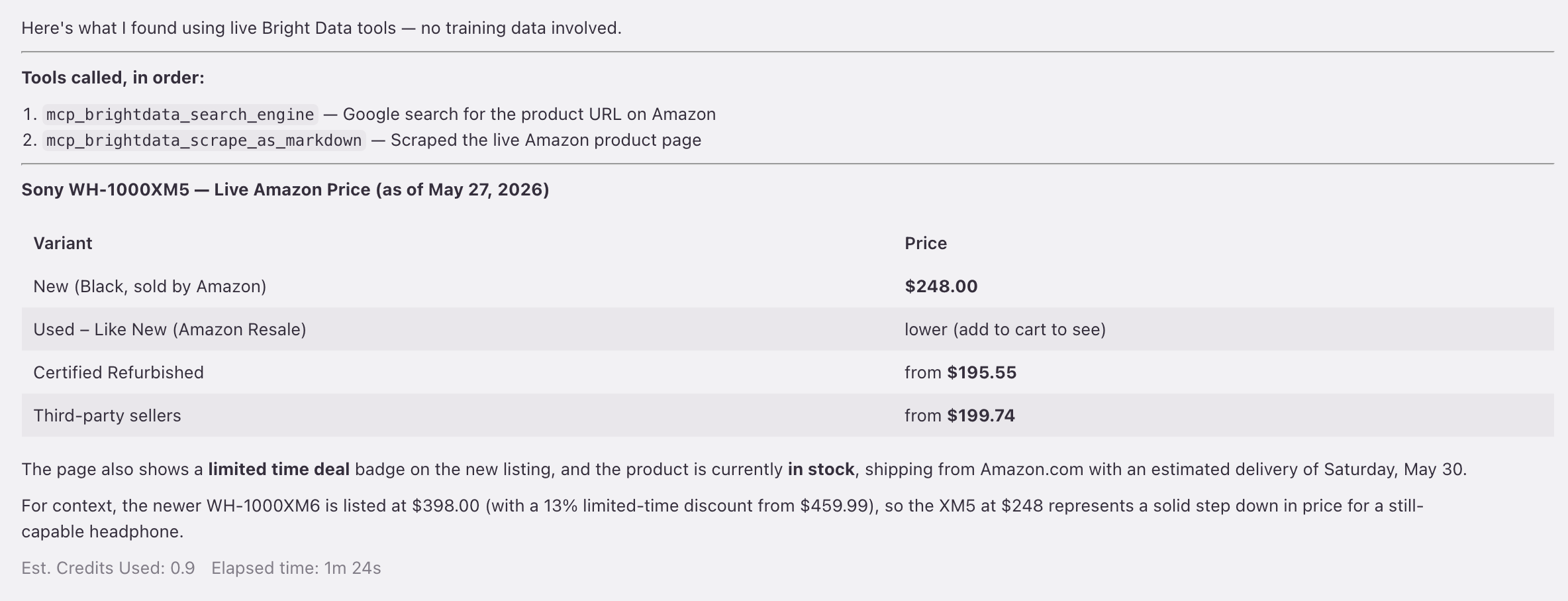 Agente Kiro: search_engine e depois scrape_as_markdown retornam um preço ao vivo do Sony WH-1000XM5 na Amazon de $248,00 com status de estoque. 0,9 créditos.