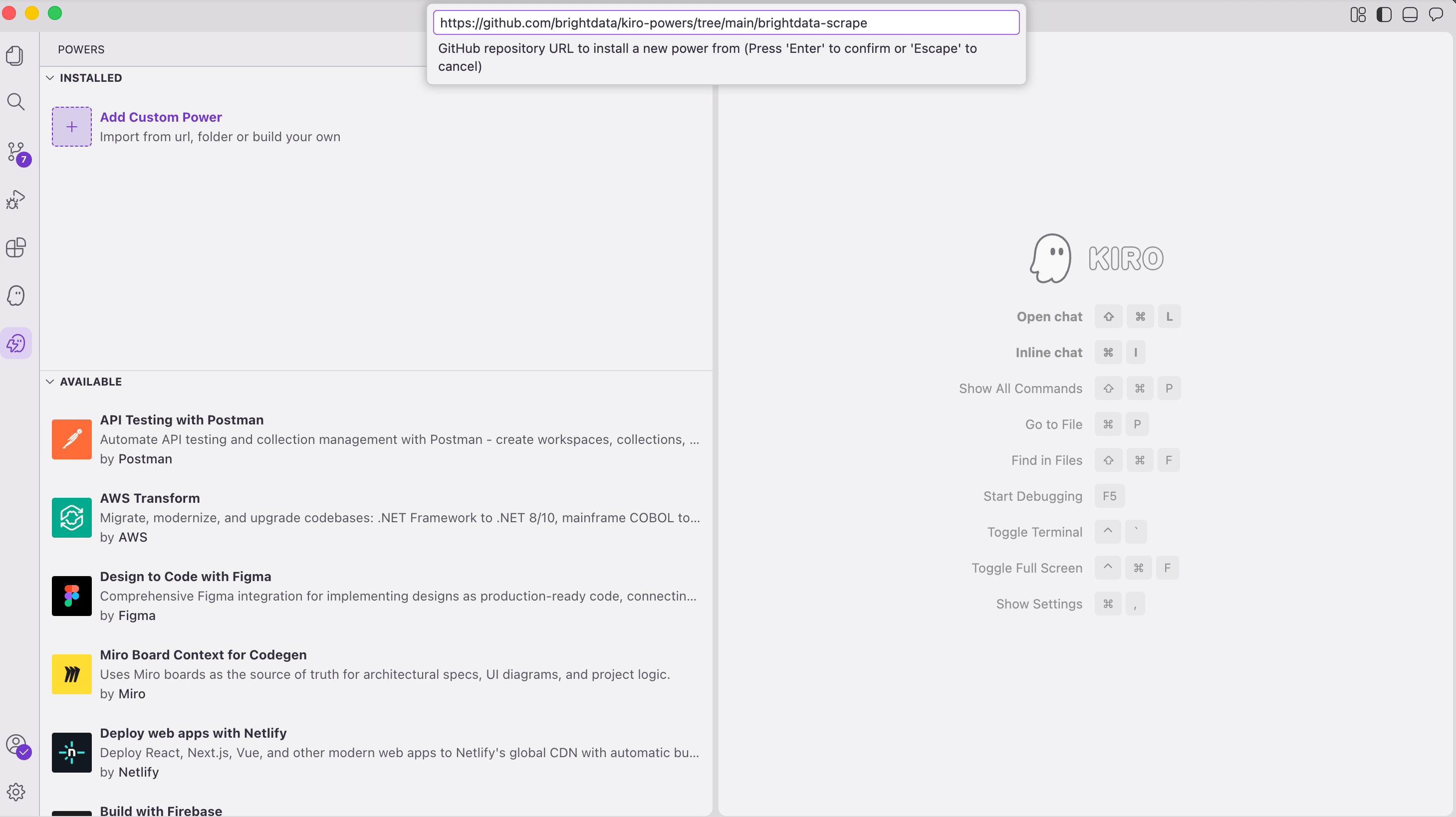Modal Adicionar Power personalizado do Kiro: URL do GitHub do brightdata-scrape colada no campo de entrada, com a dica 'Pressione Enter para confirmar' visível.
