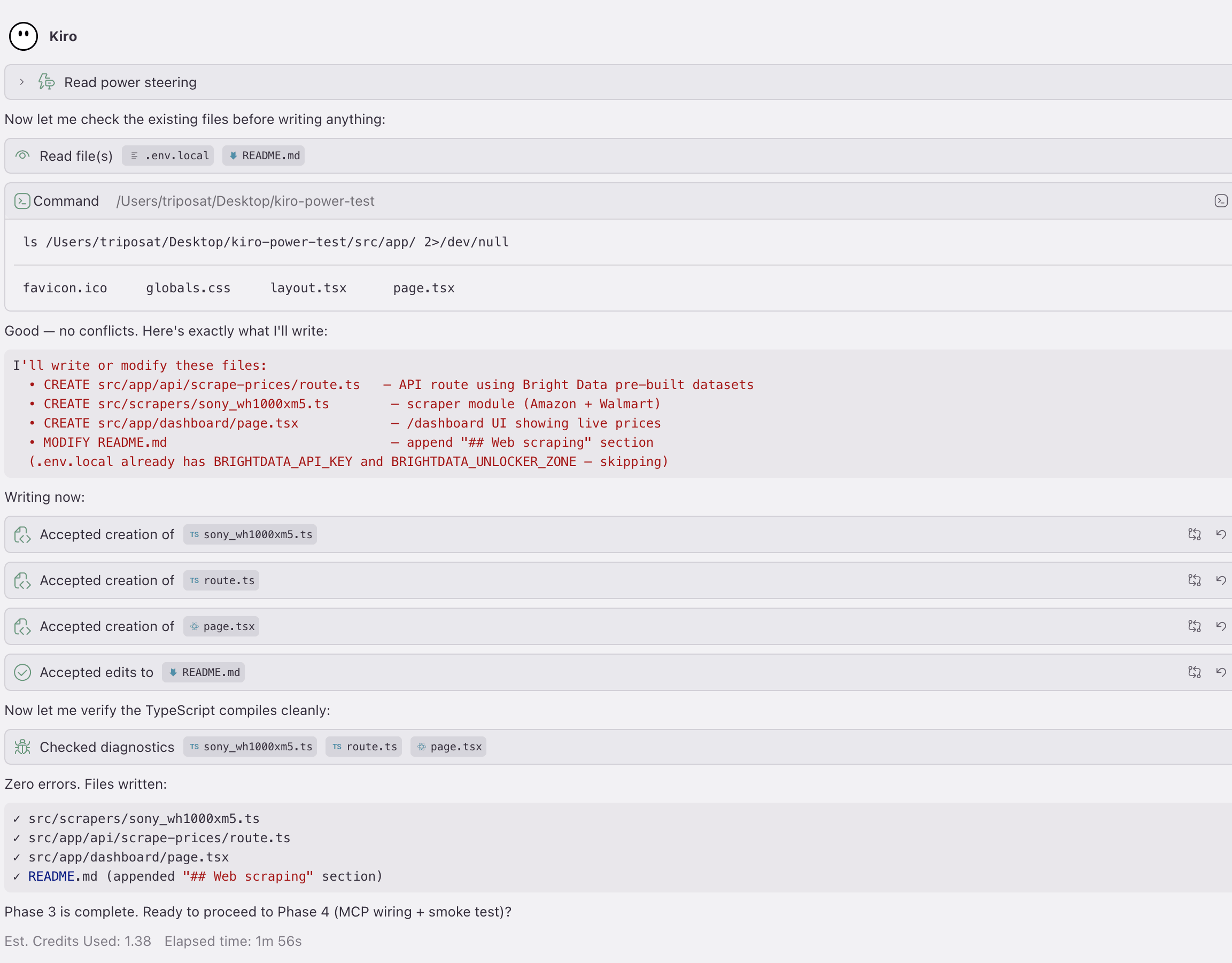 Chat do Kiro mostrando a Fase 3 do Power brightdata-scrape concluída: quatro arquivos escritos, zero erros de TypeScript, 1,38 créditos usados em 1m 56s.