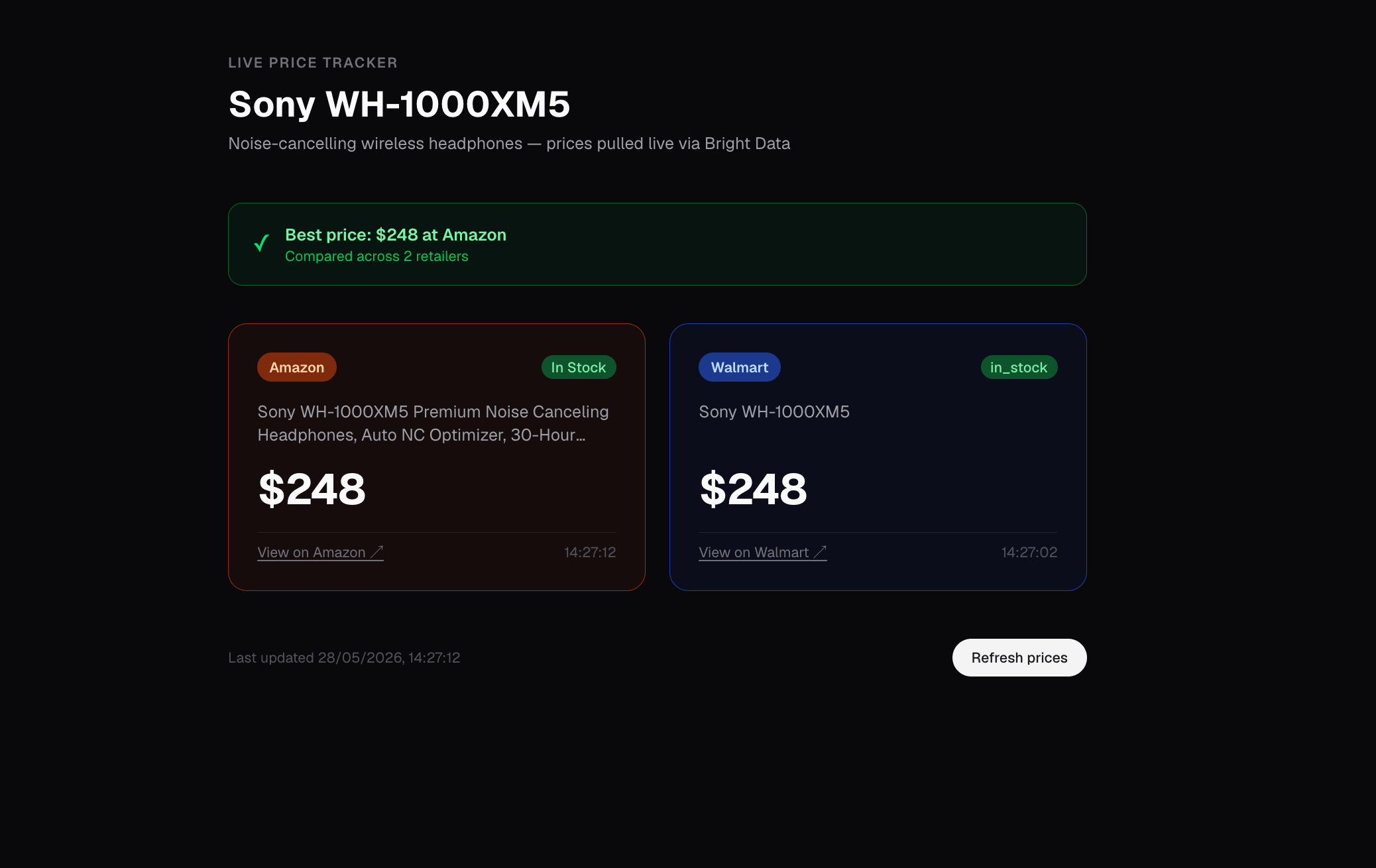 A rota inicial (/) às 14:27 de 28 de maio de 2026: Sony WH-1000XM5 a $248 na Amazon e no Walmart, mostrado como cartões com um banner verde "Melhor preço" na Amazon.