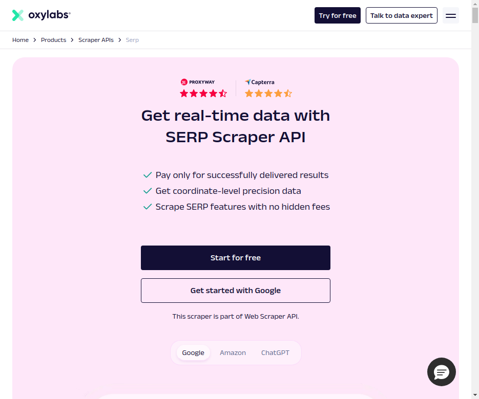 Página da API SERP Scraper da Oxylabs