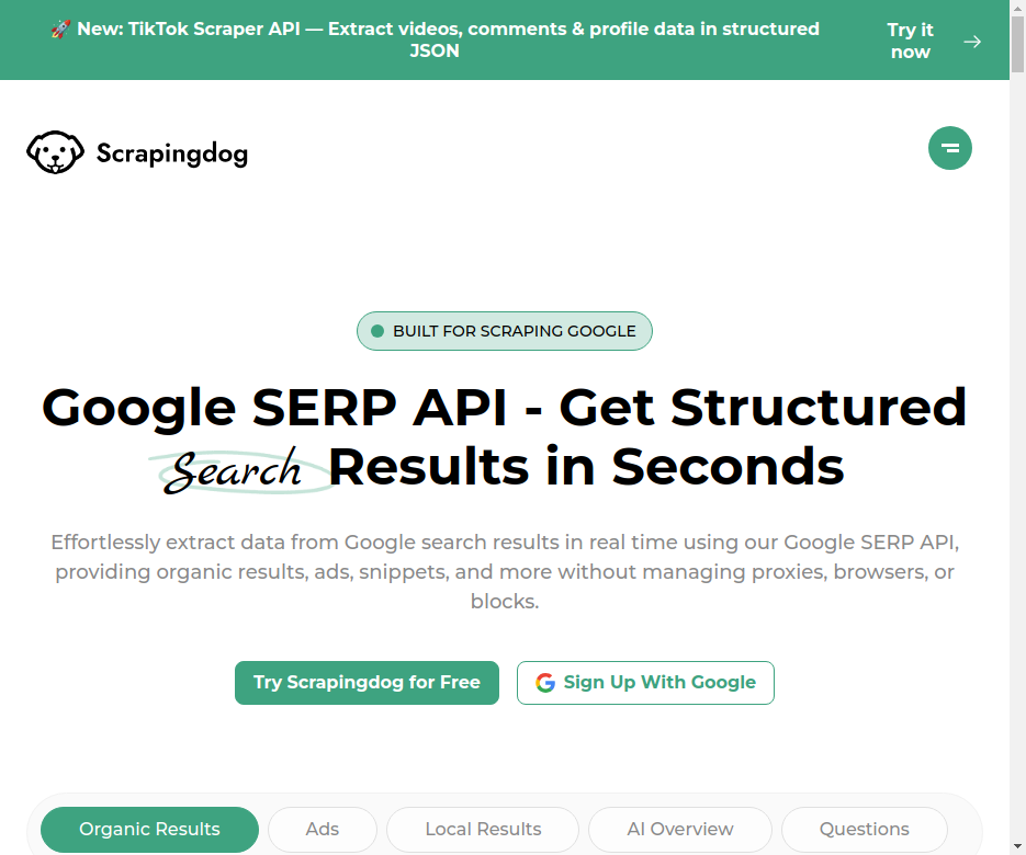 Página da API SERP Google da Scrapingdog